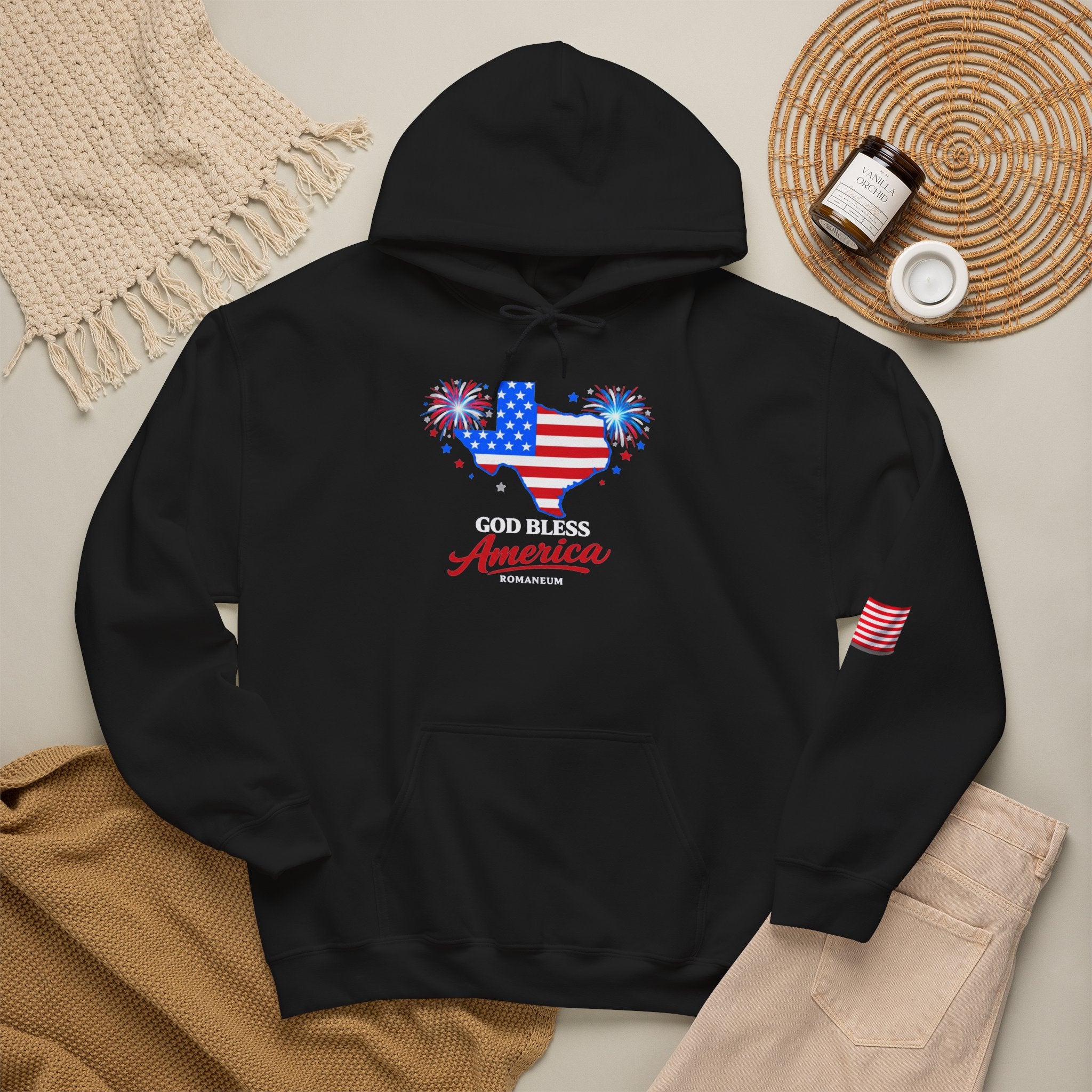 Romaneum God Bless America flag map Hoodie | American flag fireworks sleeve