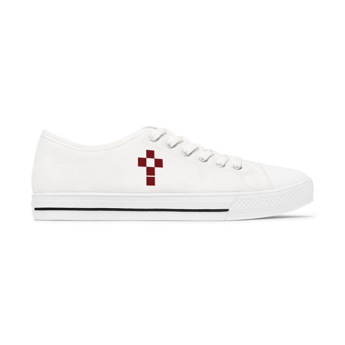 White Low Top Sneakers with Burgundy Pixel Cross — Women's Casual Canvas Shoes