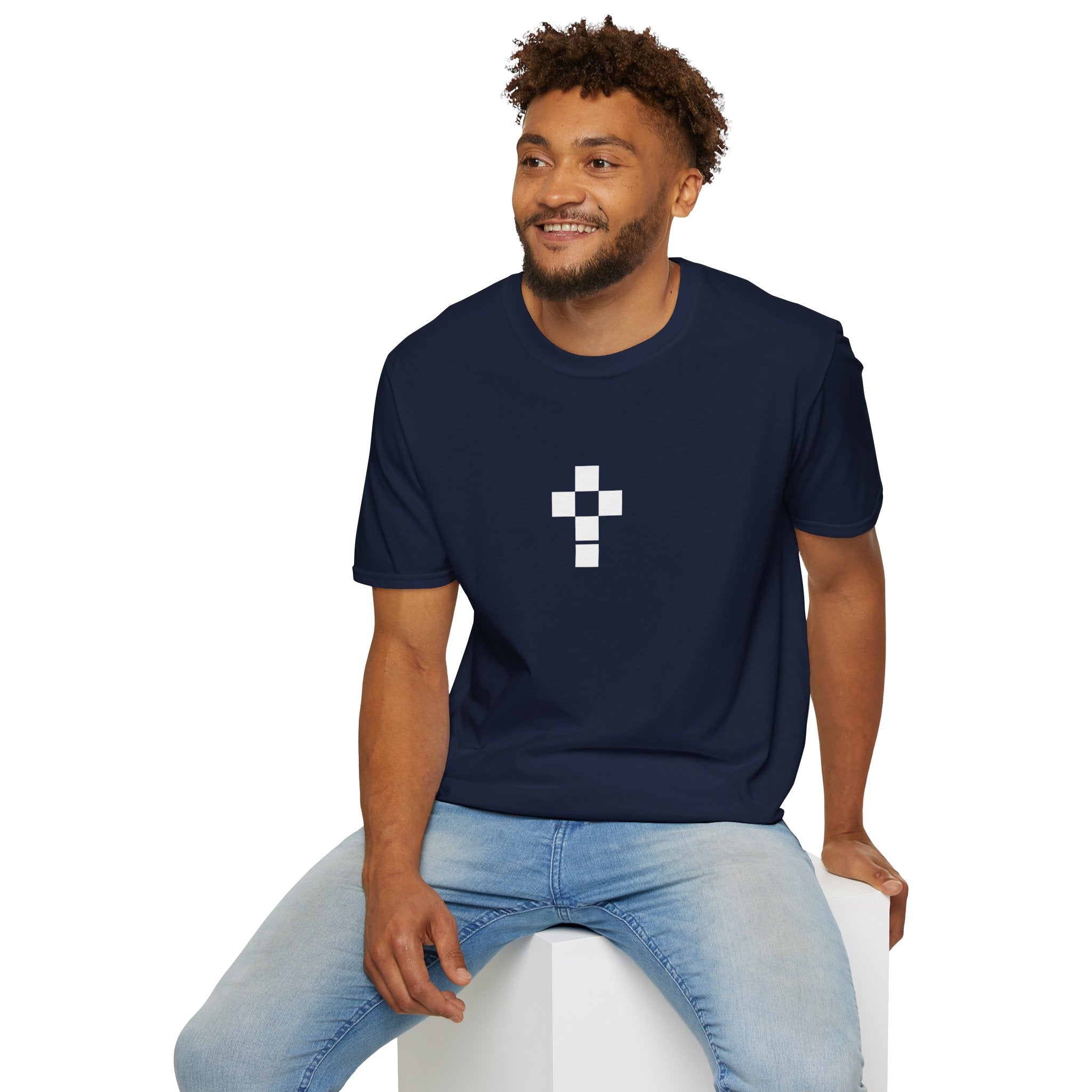 Romaneum Minimal Pixel Cross T-Shirt | Small Black Geometric Cross
