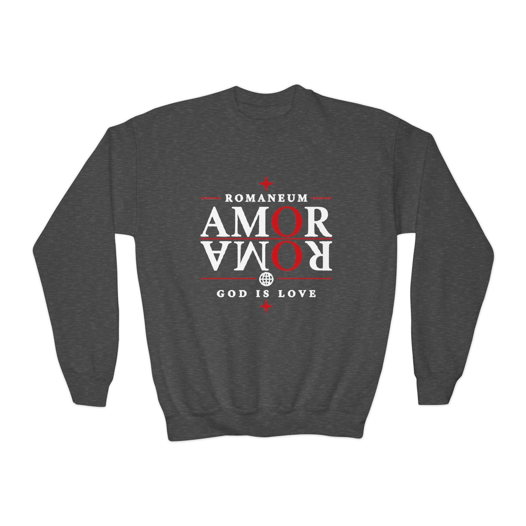 Romaneum Amor Crewneck Sweatshirt — “AMOR/ROMA” God Is Love Youth Pullover