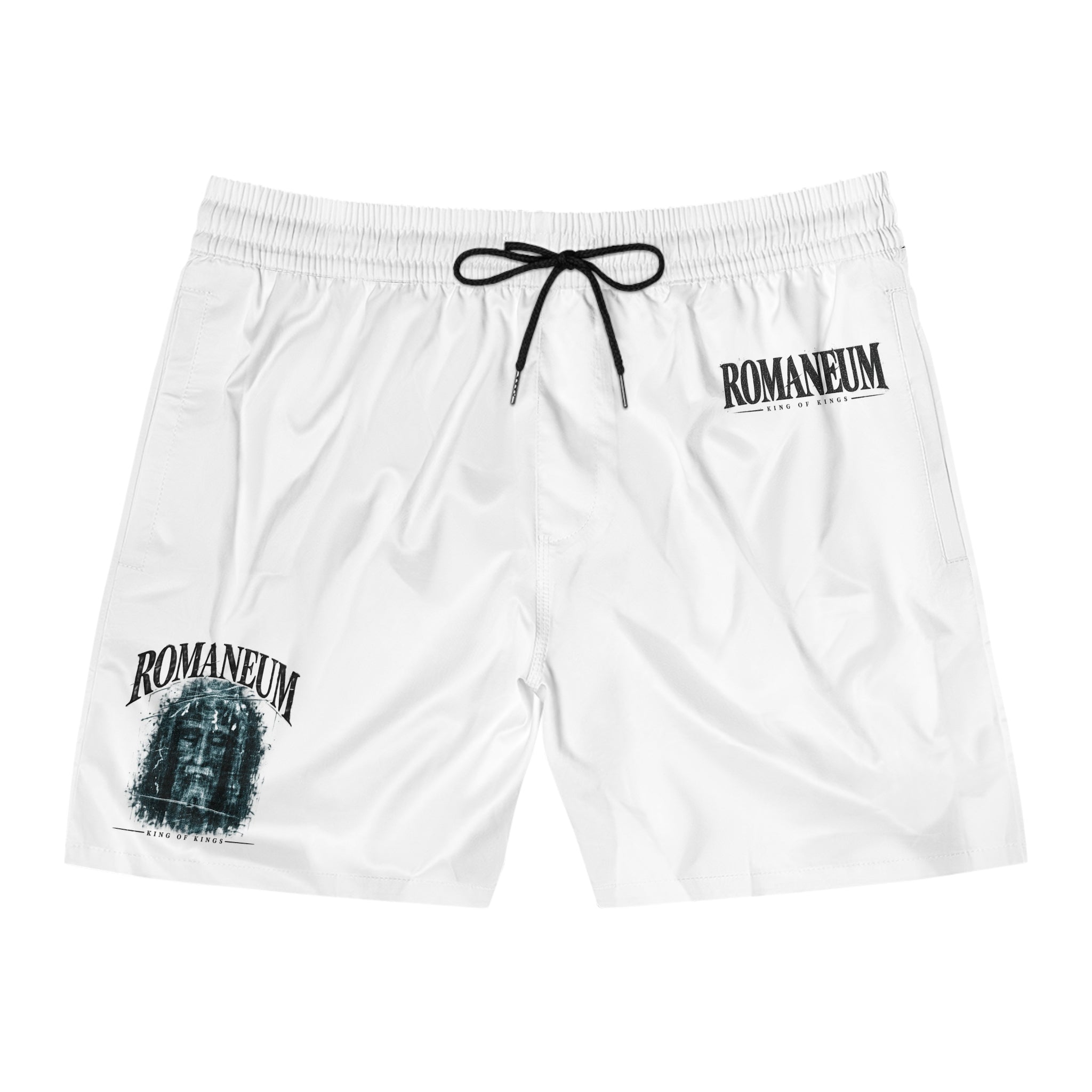Romaneum Logo Men's Swim Shorts — White Mid-Length Beach Trunks