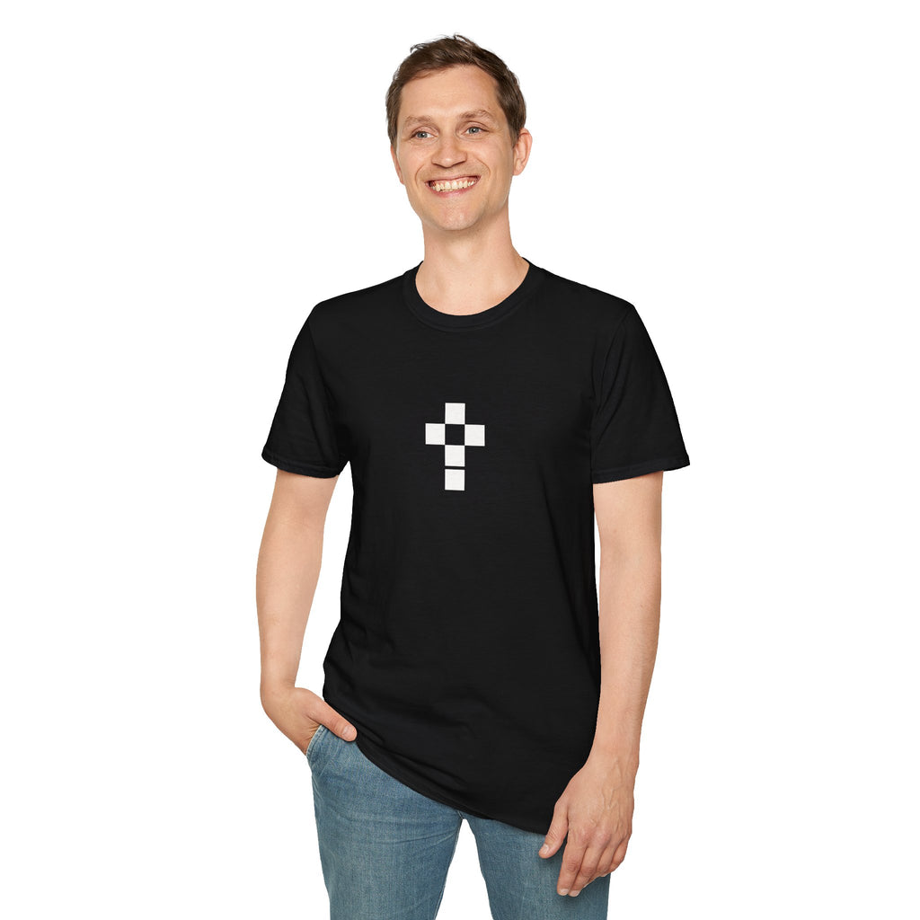 Romaneum Minimal Pixel Cross T-Shirt | Small Black Geometric Cross