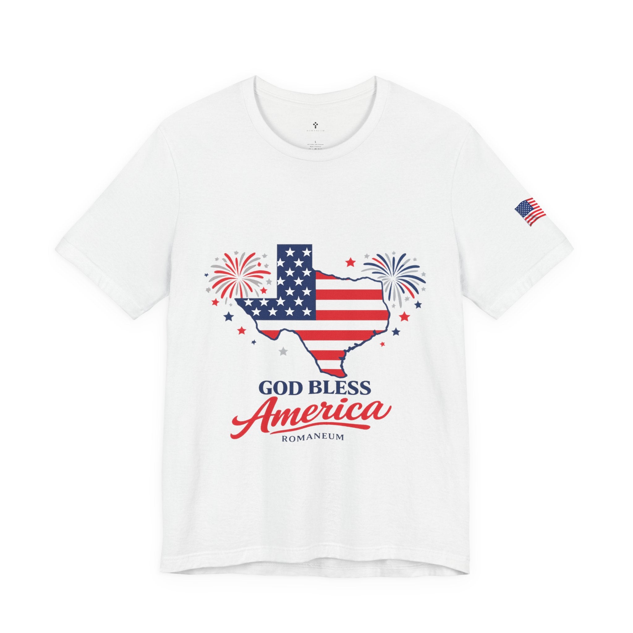 Romaneum God Bless America map tee | American flag outline, fireworks, patriotic shirt