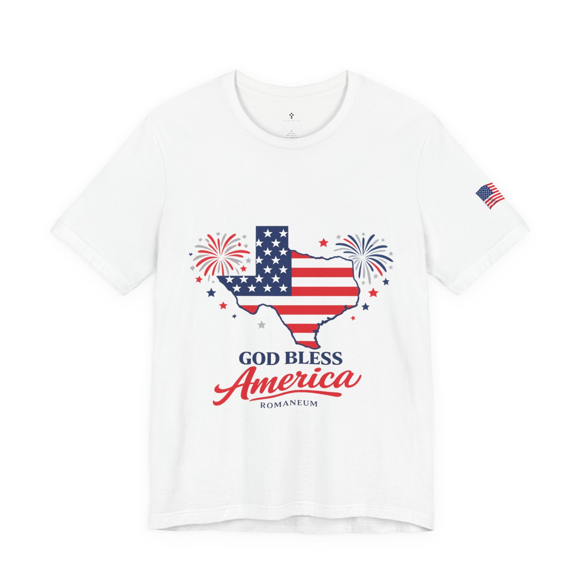 Romaneum God Bless America map tee | American flag outline, fireworks, patriotic shirt