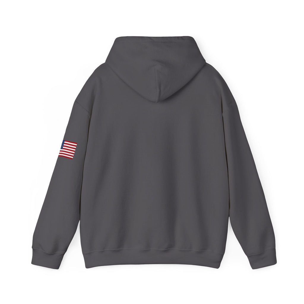 Romaneum Pixel Cross Hoodie | Small Black Cross, American Flag Sleeve