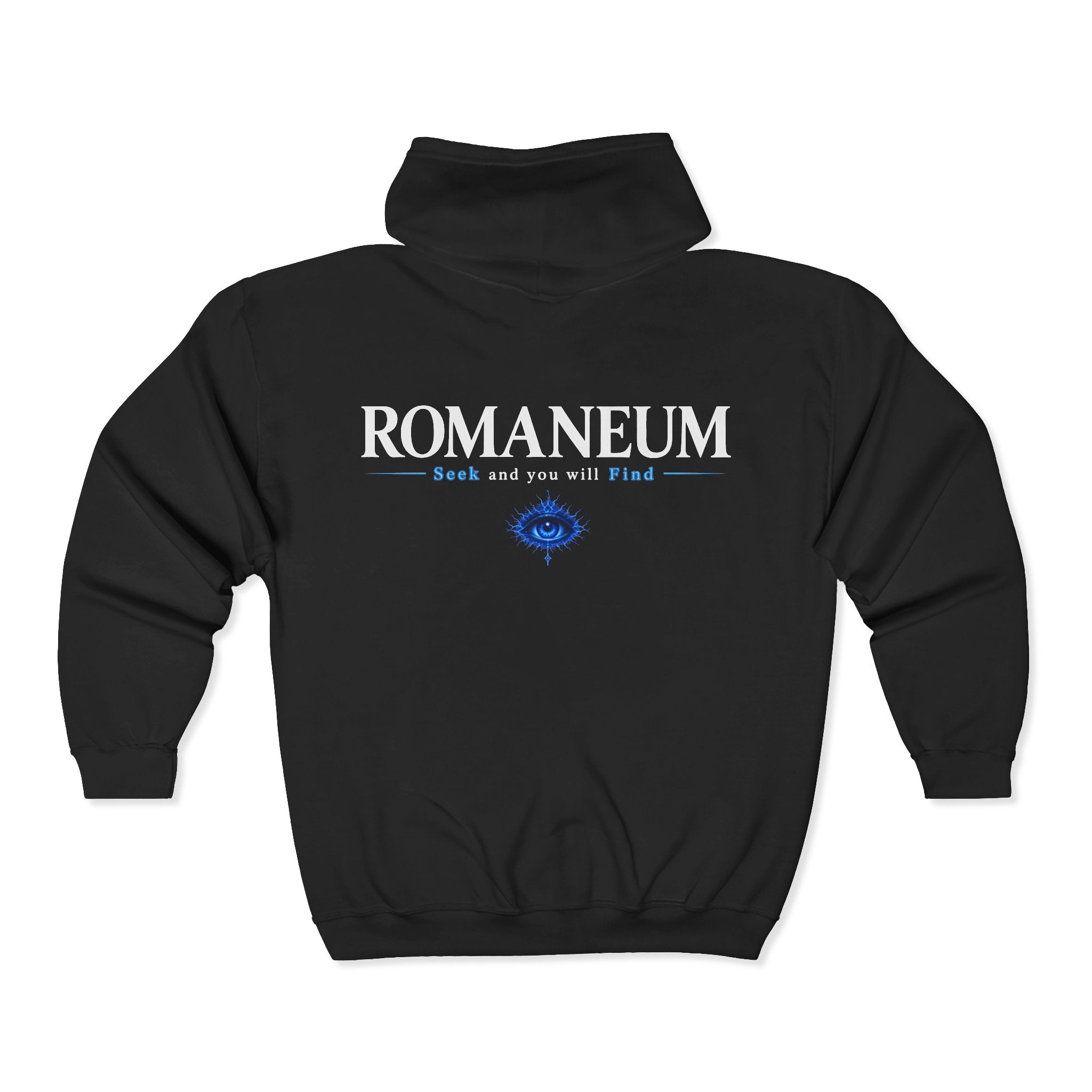 Romaneum Zip Hoodie — "Seek and you will Find" Gothic Logo
