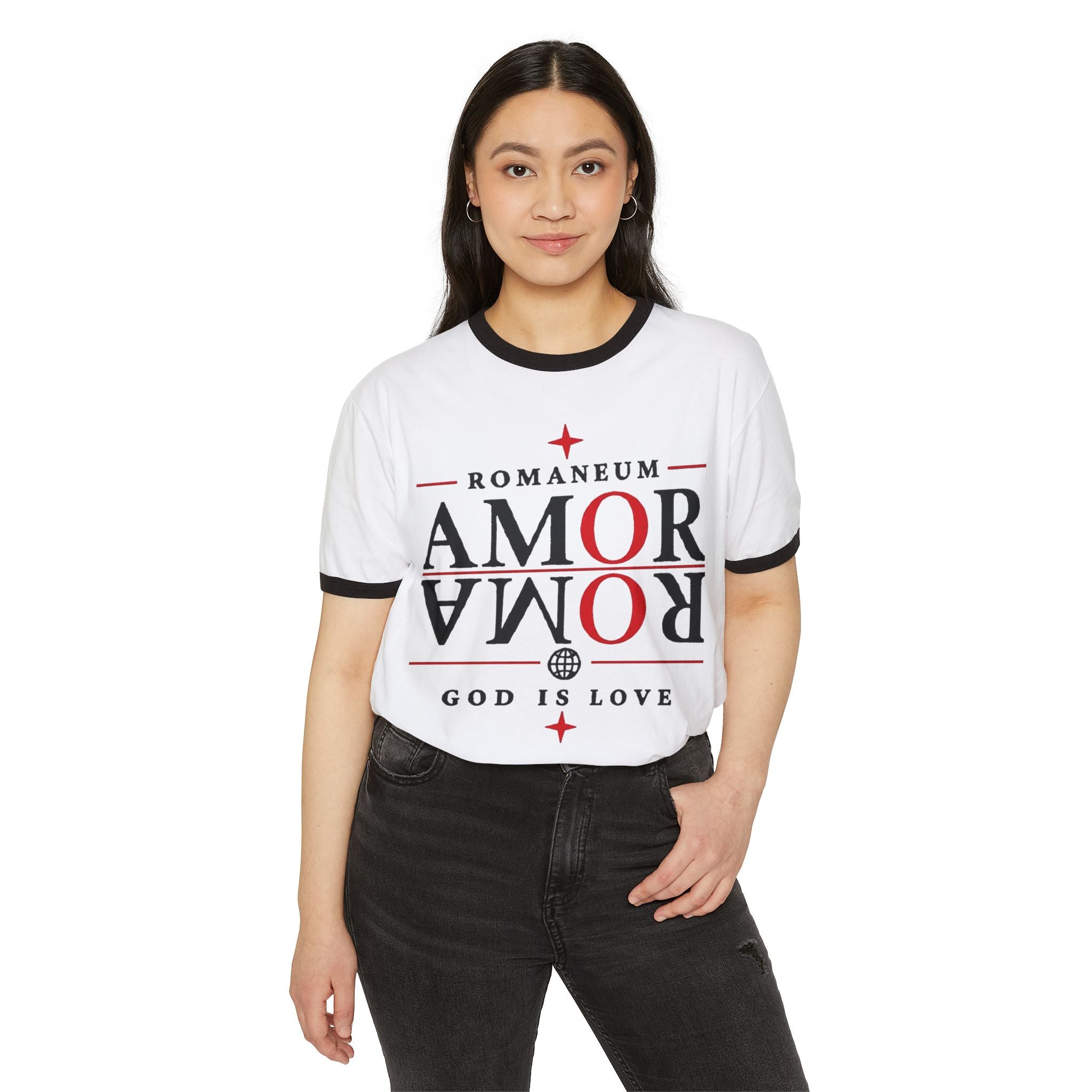 Romaneum "AMOR/ROMA" Ringer Tee — God Is Love Christian T‑Shirt