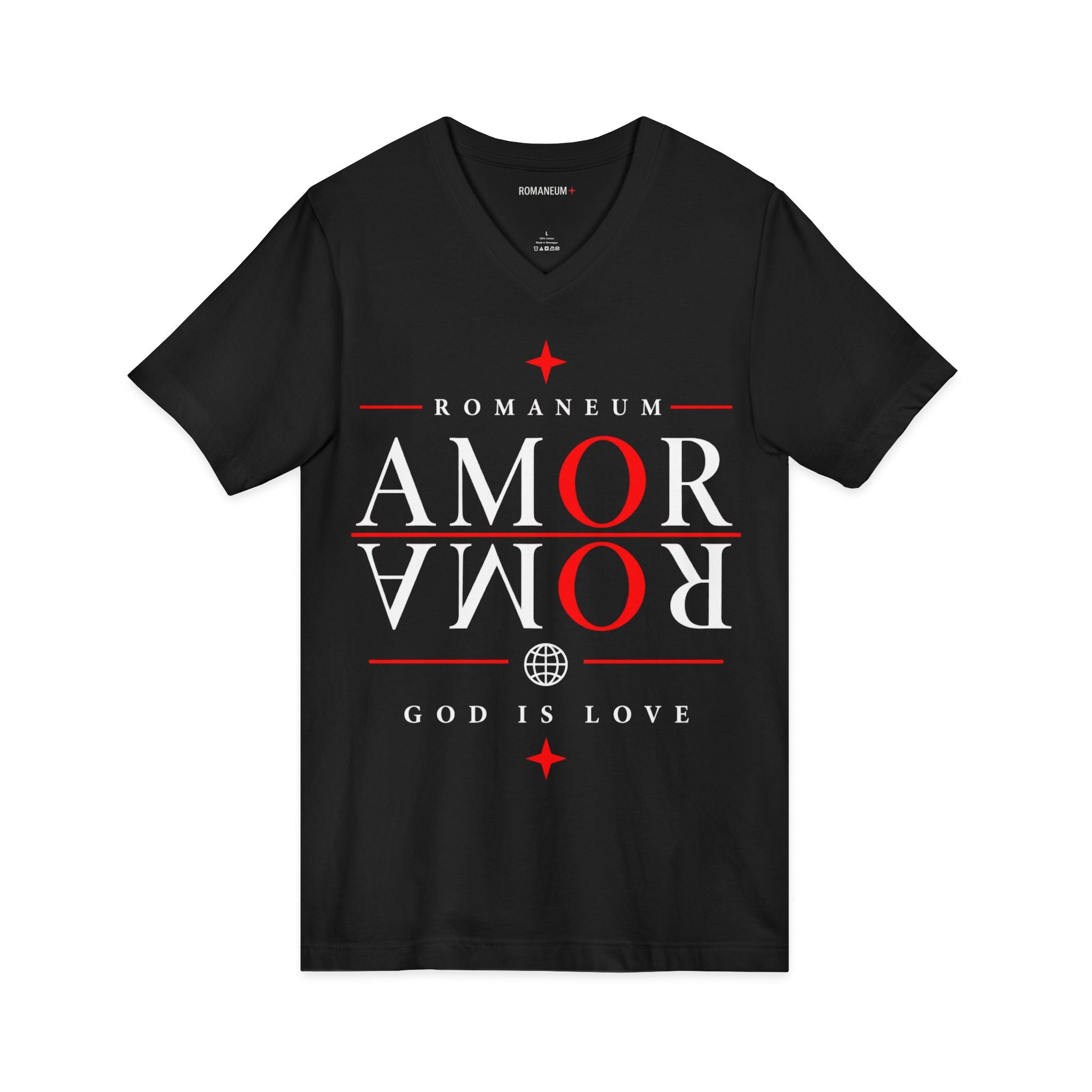 Romaneum "Amor/Roma" V-Neck Tee — God Is Love Christian Graphic Shirt
