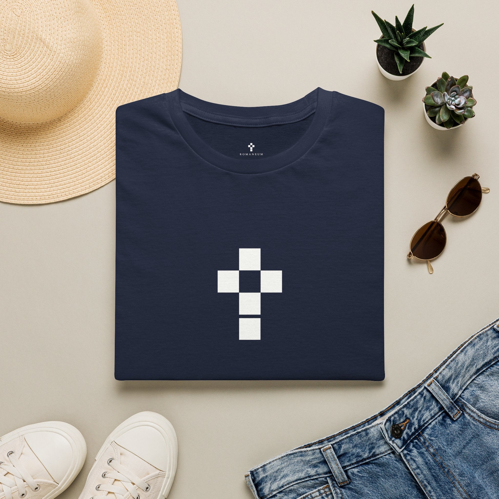 Romaneum Minimal Pixel Cross T-Shirt | Small Black Geometric Cross