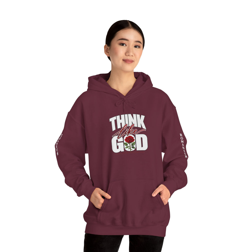 Think Like God Hoodie — Graphic Religious Pullover with Romaneum Sleeve Print