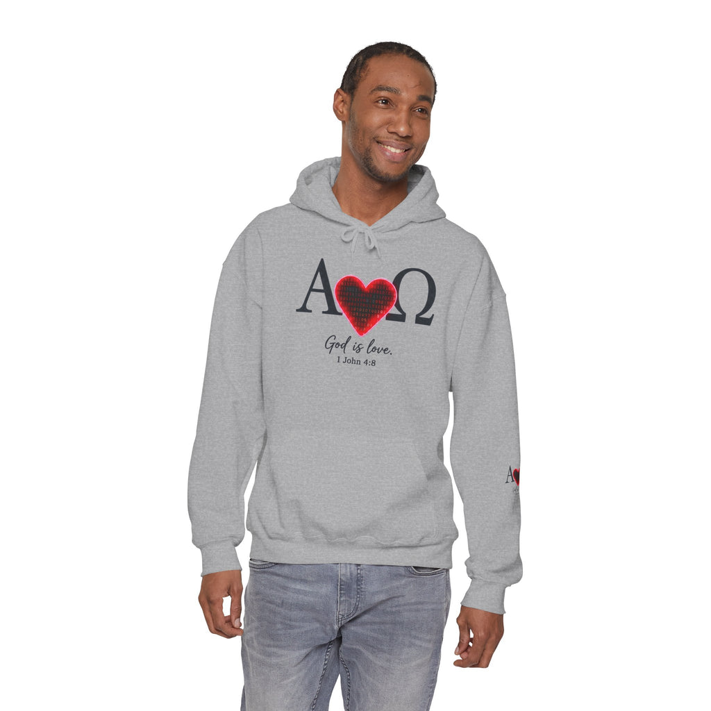 Romaneum Alpha Omega Heart Hoodie | God is Love 1 John 4:8 Christian Hoodie