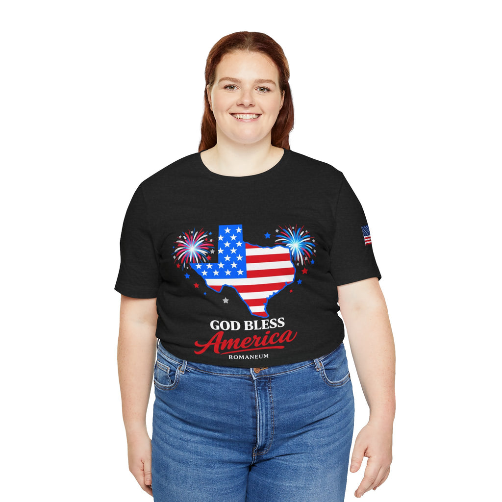 Romaneum God Bless America map tee | American flag outline, fireworks, patriotic shirt