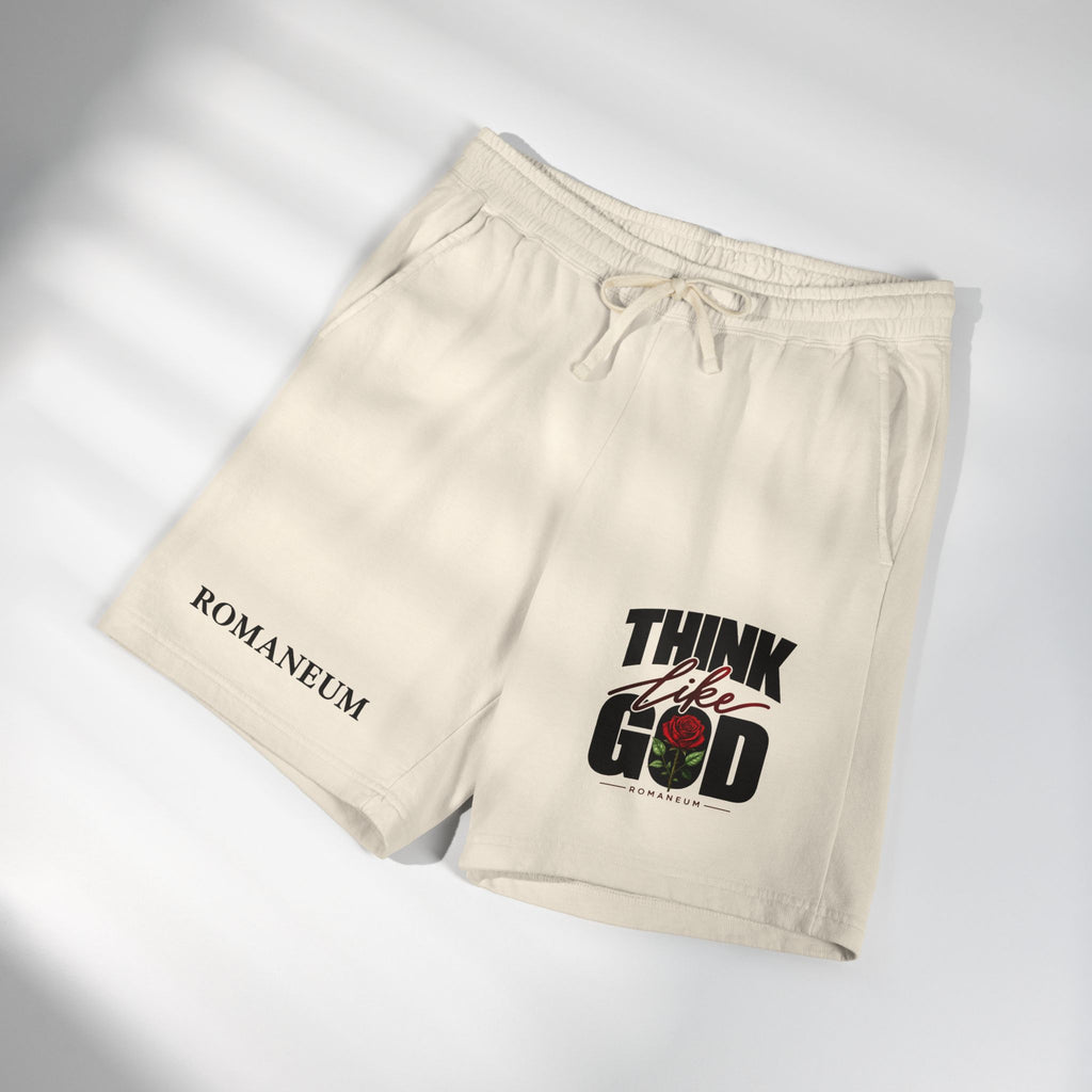 Think Like God Sweat Shorts — Graphic Fleece Lounge Shorts (Romaneum)