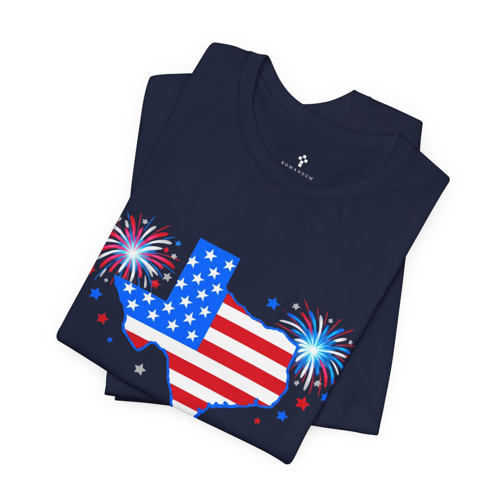 Romaneum God Bless America map tee | American flag outline, fireworks, patriotic shirt