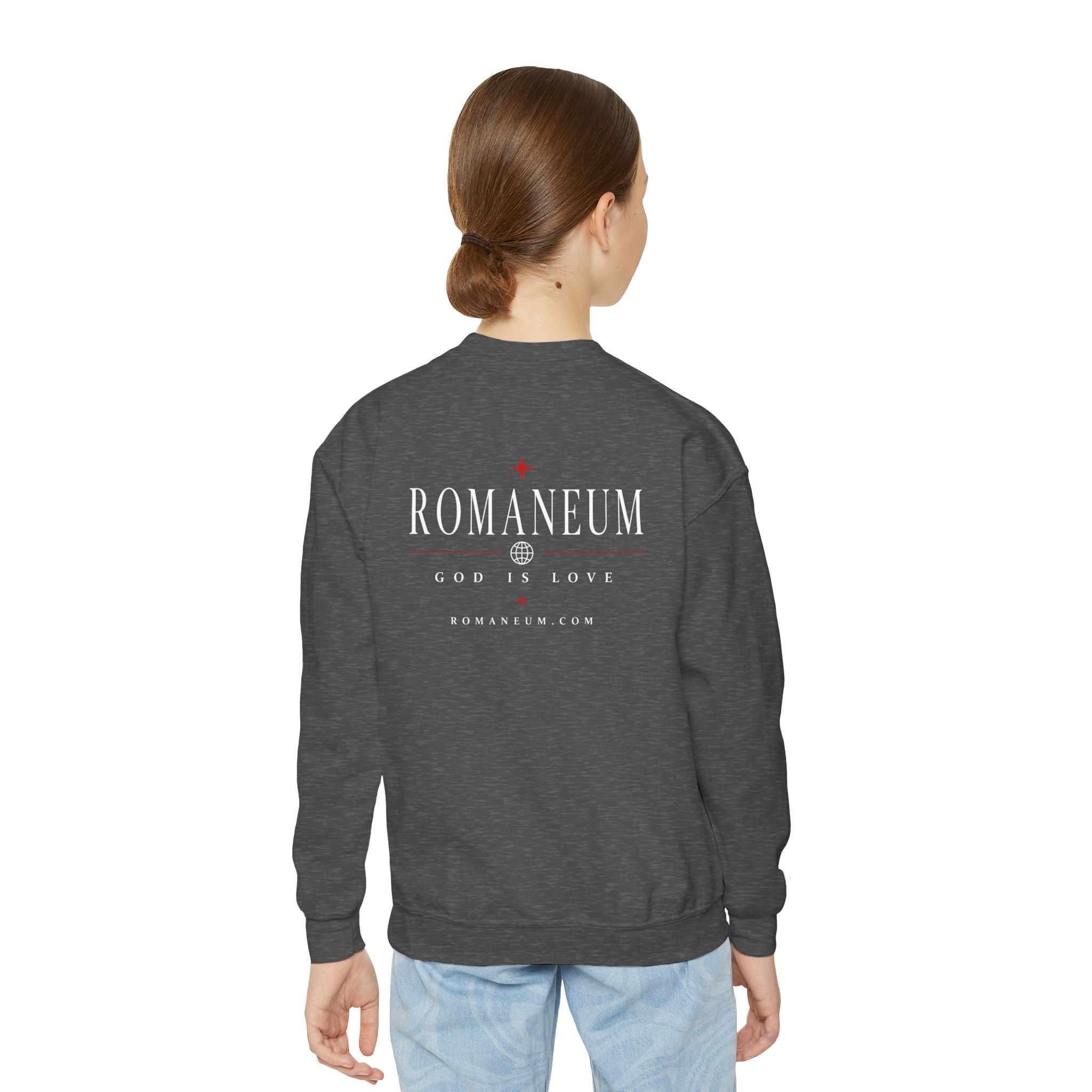 Romaneum Amor Crewneck Sweatshirt — “AMOR/ROMA” God Is Love Youth Pullover