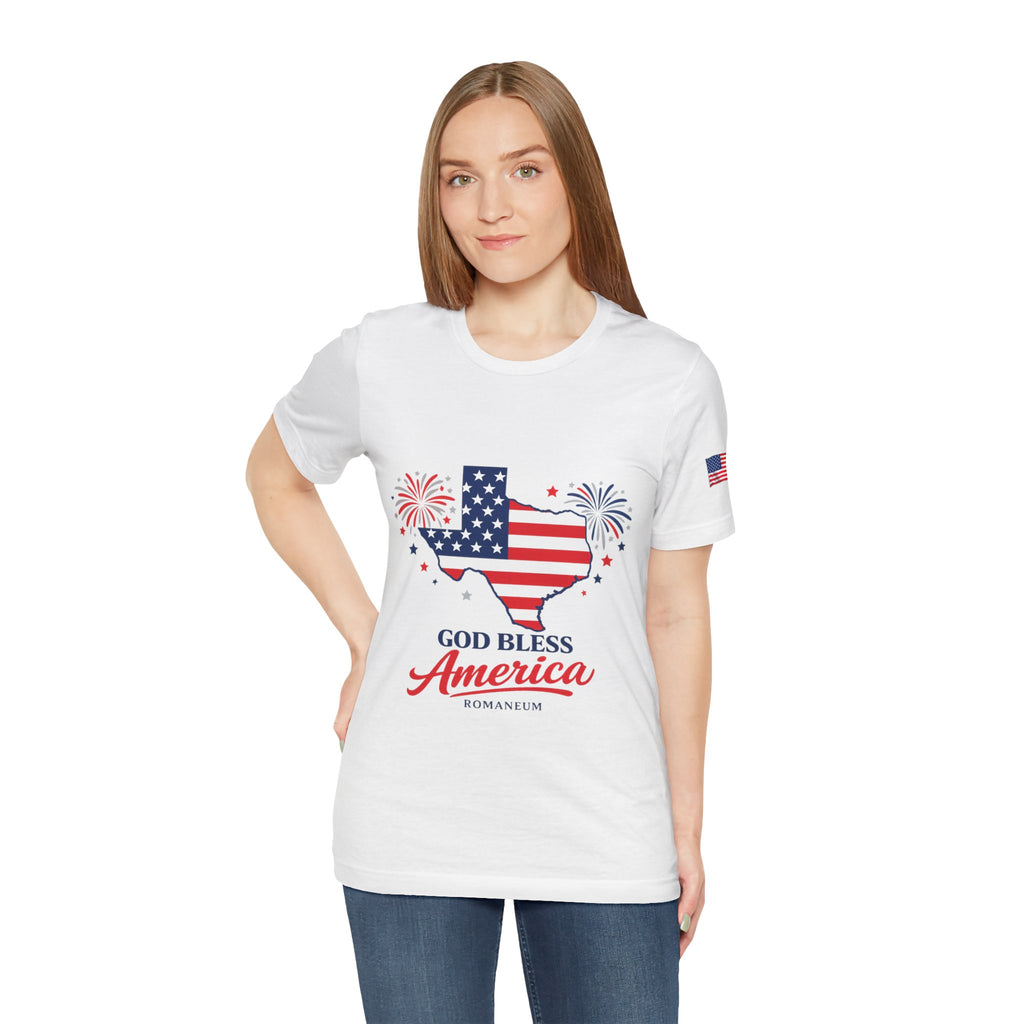 Romaneum God Bless America map tee | American flag outline, fireworks, patriotic shirt