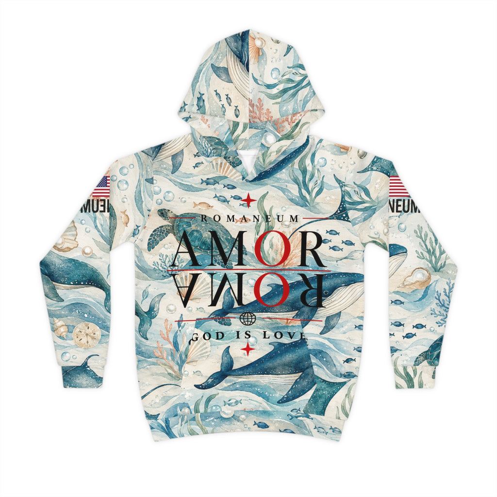 Children's All-Over-Print Hoodie — Whale & Ocean Watercolor "Amor Roma" Design (God Is Love)