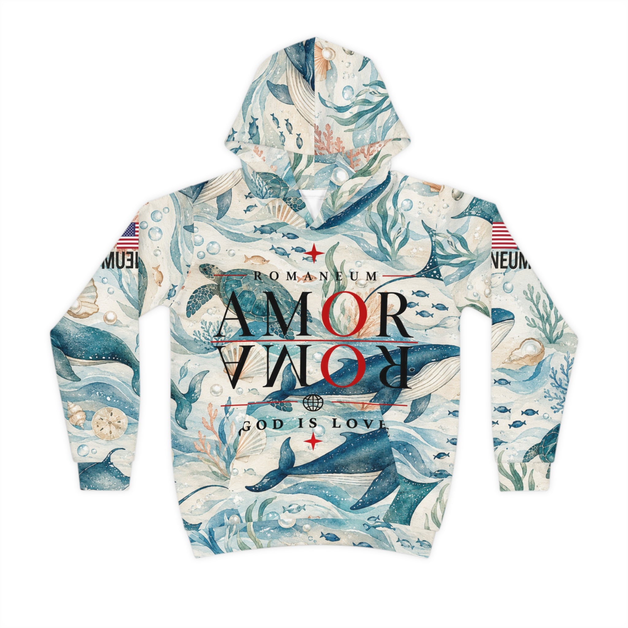 Children's All-Over-Print Hoodie — Whale & Ocean Watercolor "Amor Roma" Design (God Is Love)