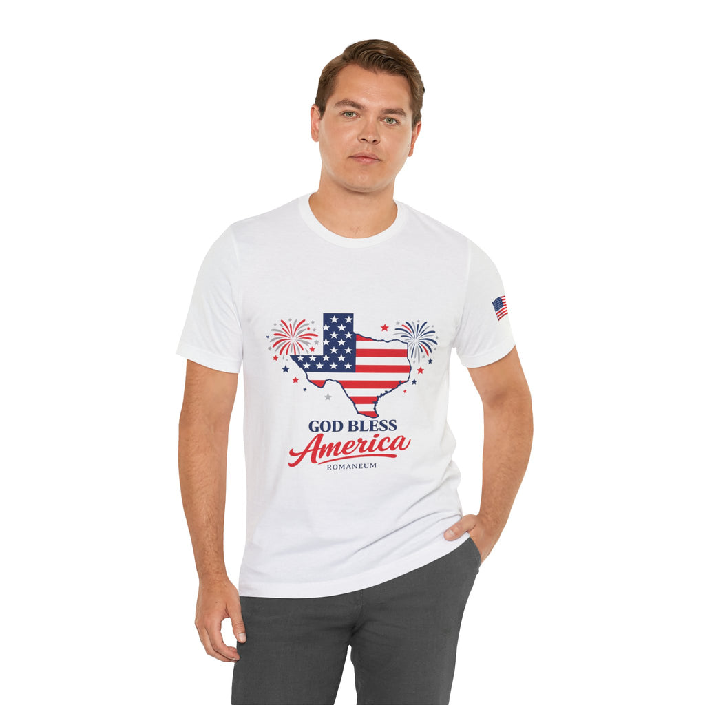 Romaneum God Bless America map tee | American flag outline, fireworks, patriotic shirt