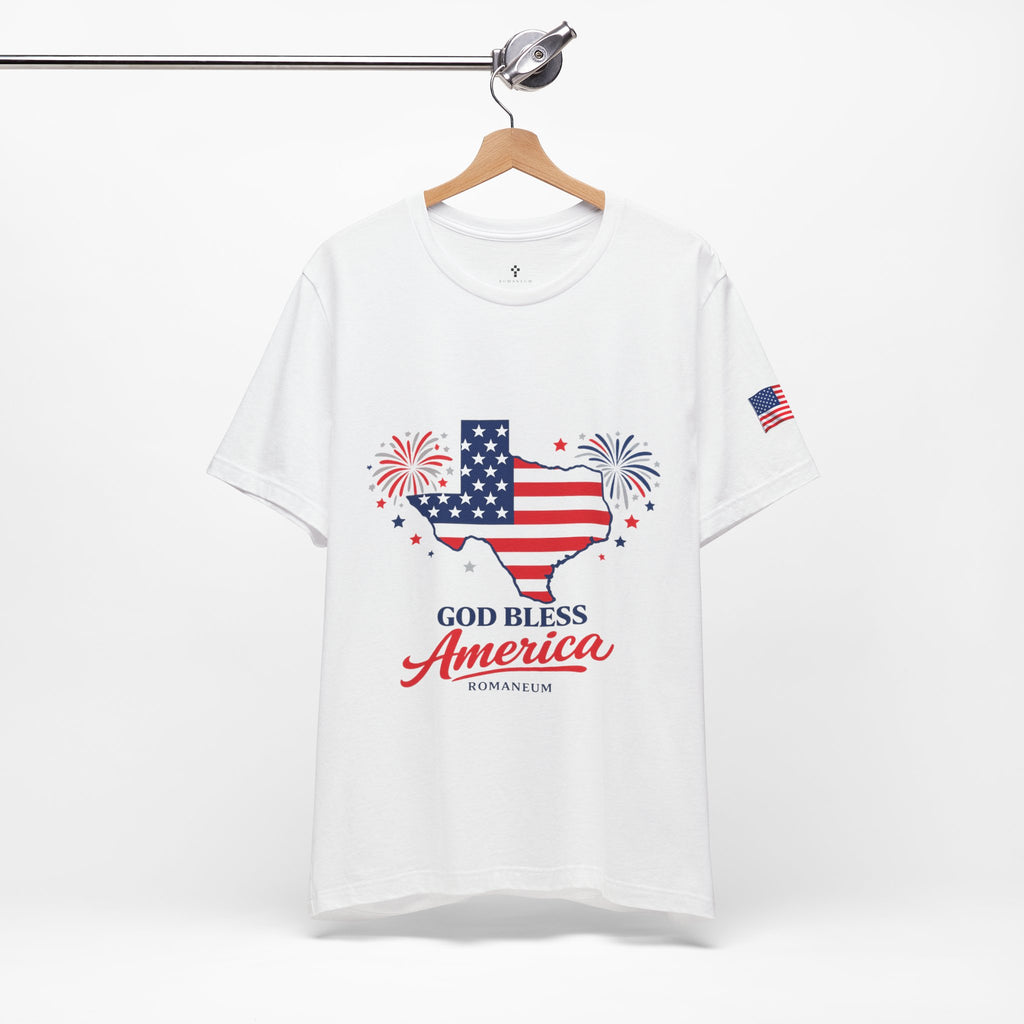 Romaneum God Bless America map tee | American flag outline, fireworks, patriotic shirt