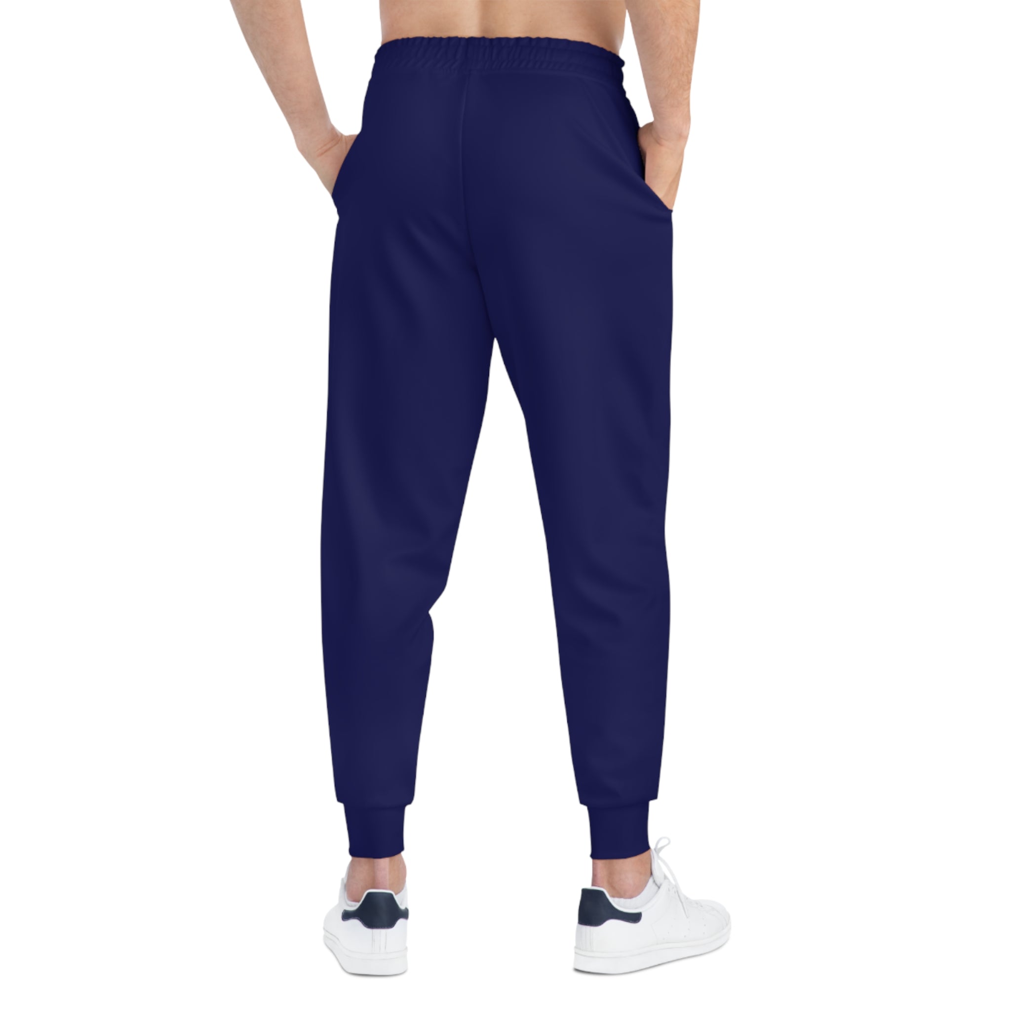 Romaneum Navy Athletic Joggers — Logo Track Pants with Side Text