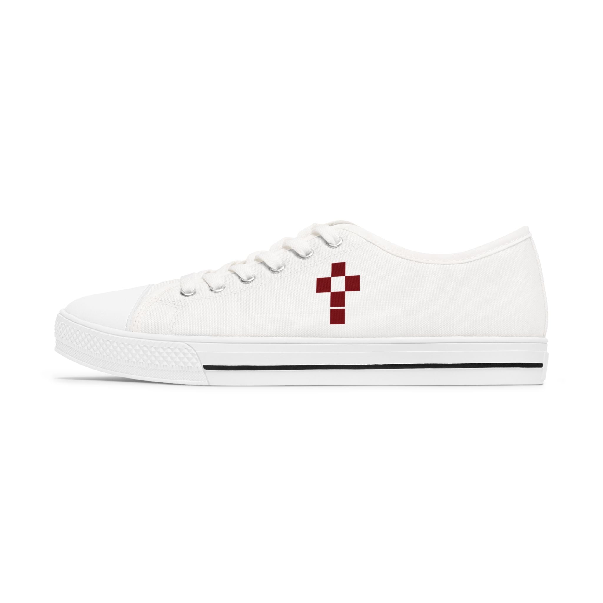 White Low Top Sneakers with Burgundy Pixel Cross — Women's Casual Canvas Shoes