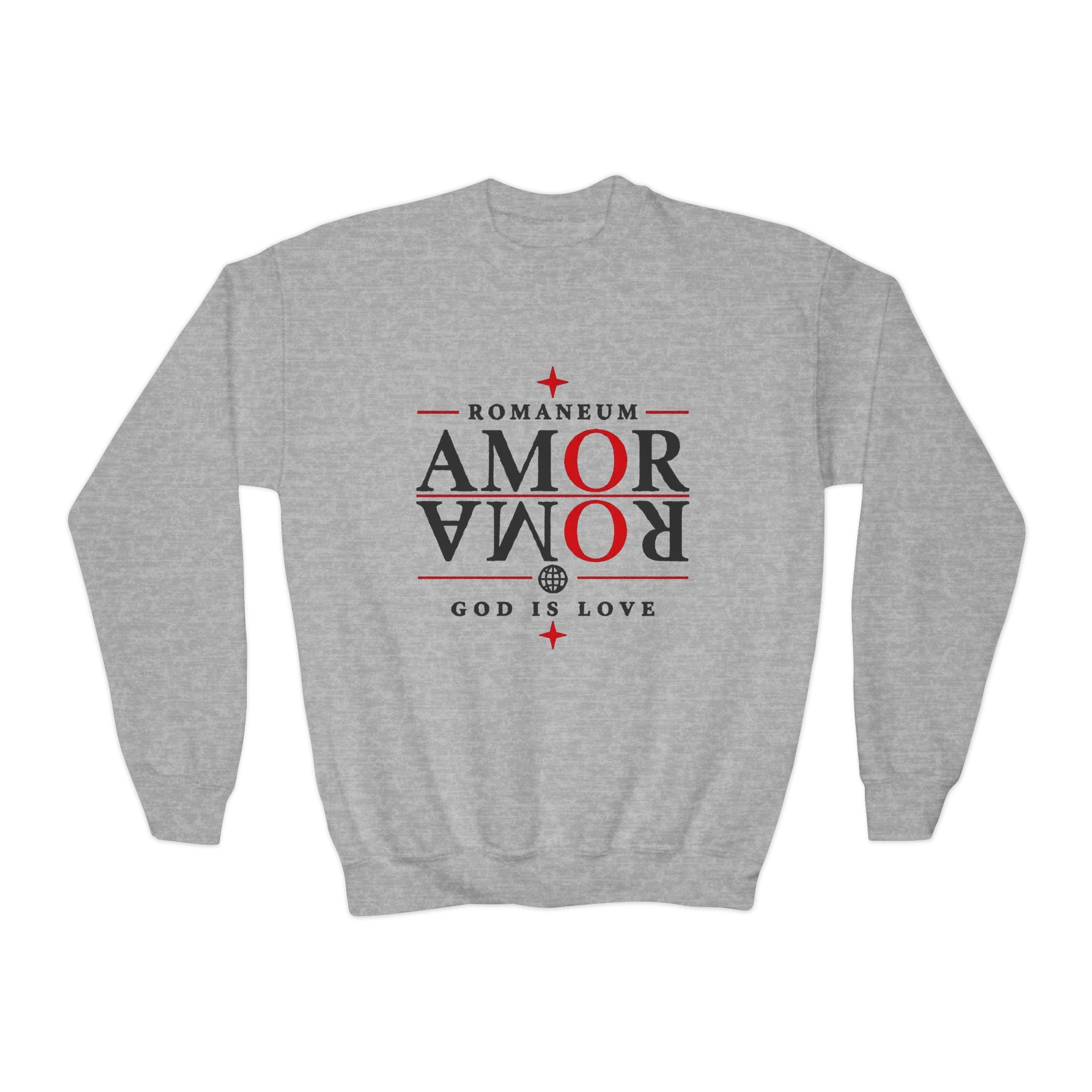 Romaneum Amor Crewneck Sweatshirt — “AMOR/ROMA” God Is Love Youth Pullover