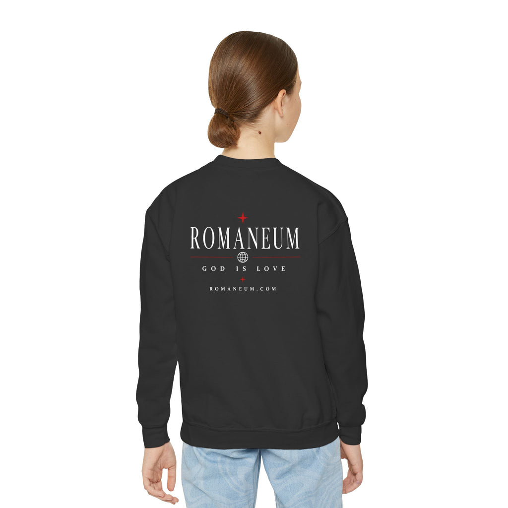 Romaneum Amor Crewneck Sweatshirt — “AMOR/ROMA” God Is Love Youth Pullover