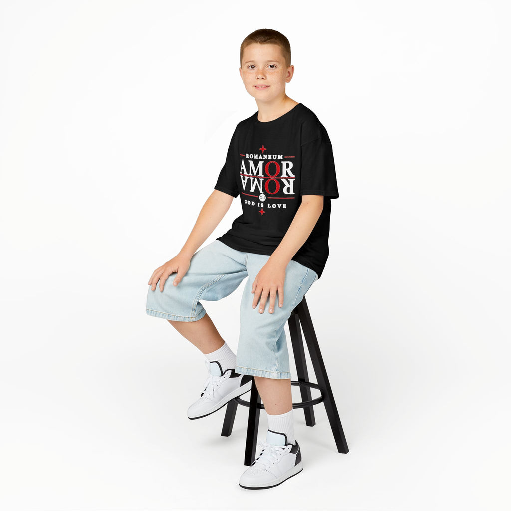 Kids Tee — "Amor Roma / God is Love" Religious Graphic Shirt