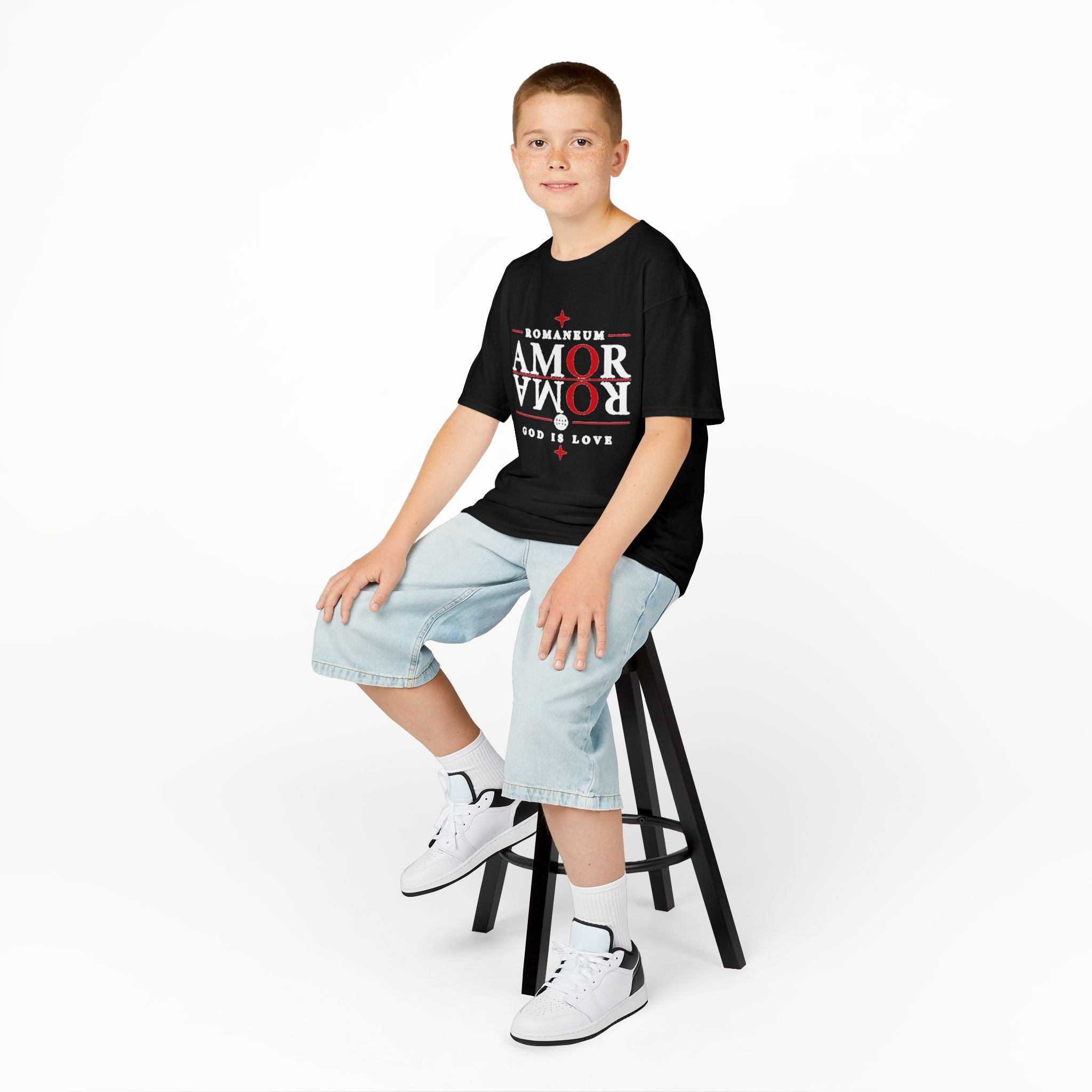 Kids Tee — "Amor Roma / God is Love" Religious Graphic Shirt