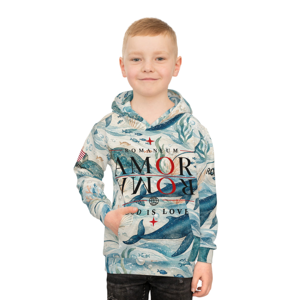 Children's All-Over-Print Hoodie — Whale & Ocean Watercolor "Amor Roma" Design (God Is Love)