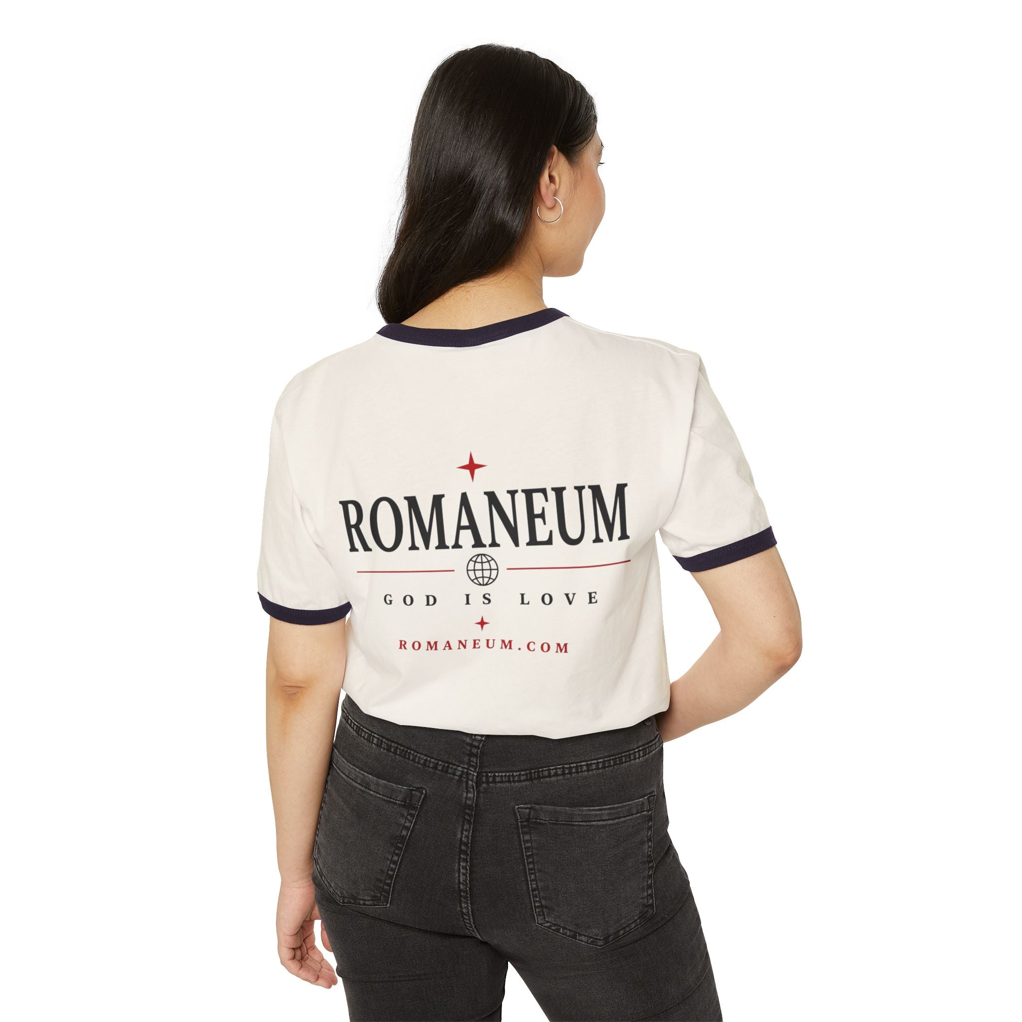 Romaneum "AMOR/ROMA" Ringer Tee — God Is Love Christian T‑Shirt