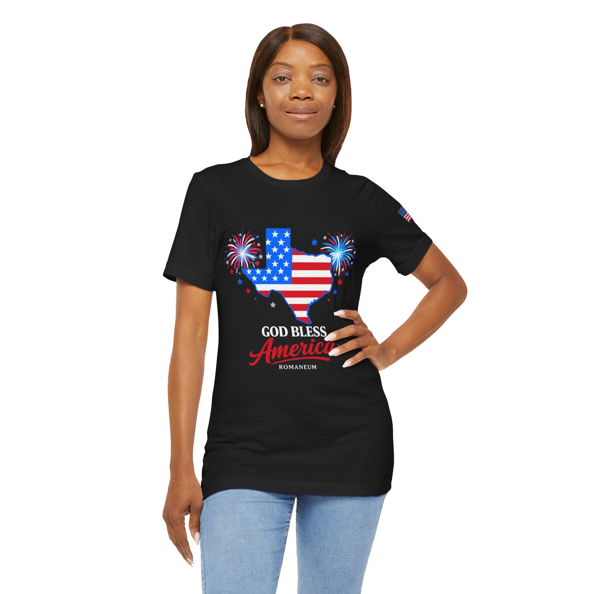 Romaneum God Bless America map tee | American flag outline, fireworks, patriotic shirt