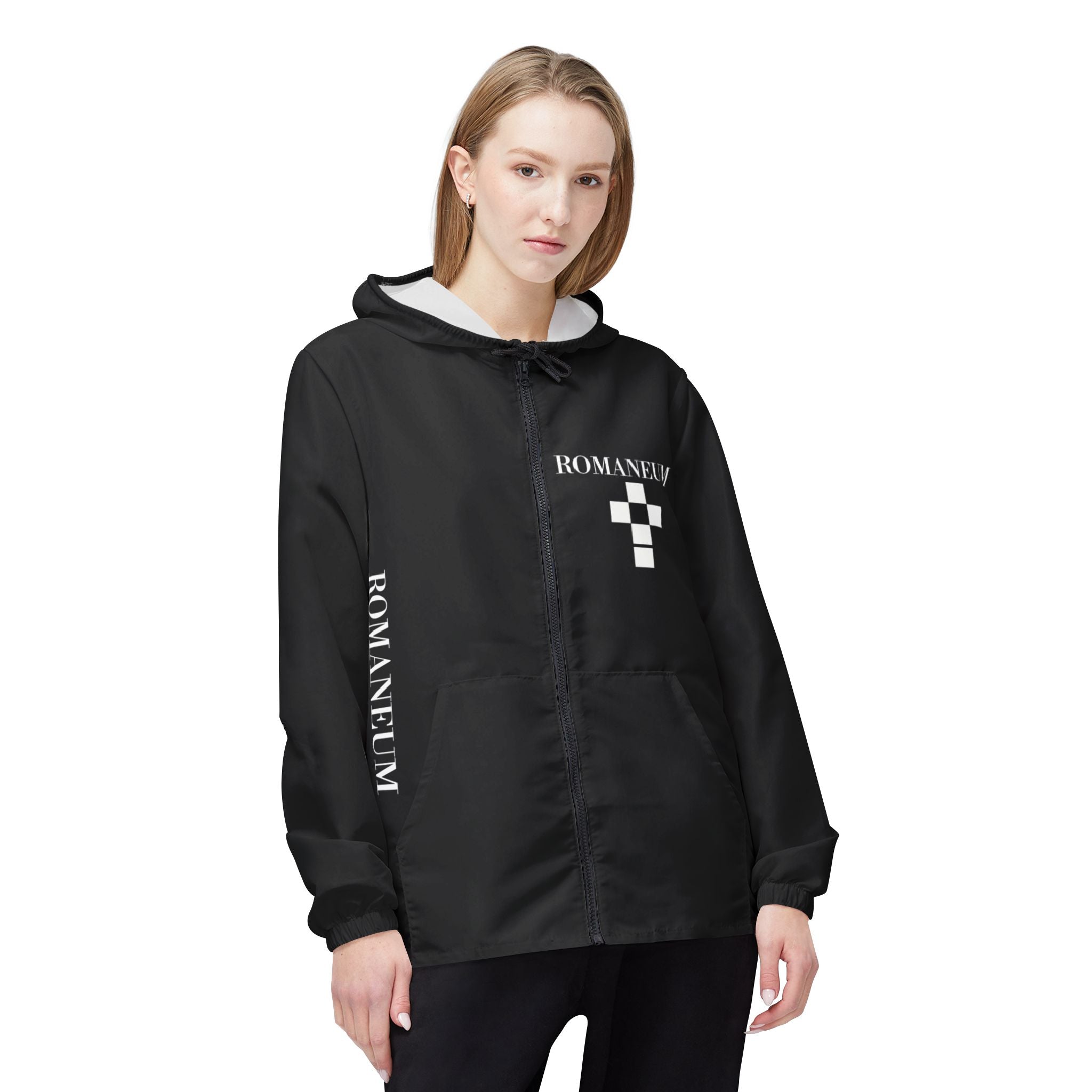 Romanæum Black Windbreaker Jacket — Minimal Logo Hooded Shell