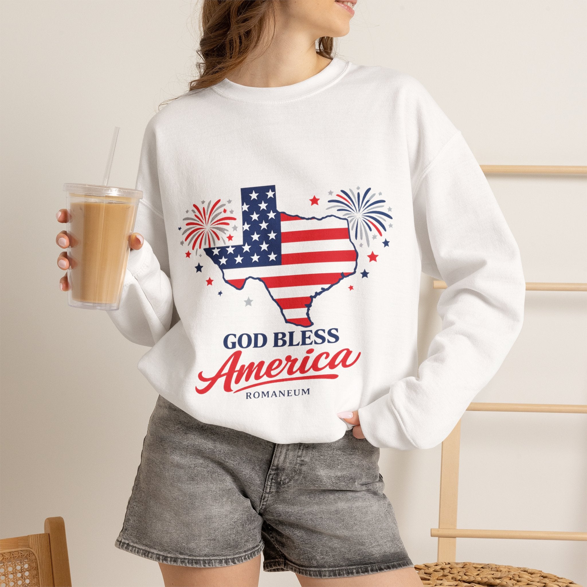 Romaneum God Bless America Flag Heart sweatshirt | Patriotic 4th of July crewneck
