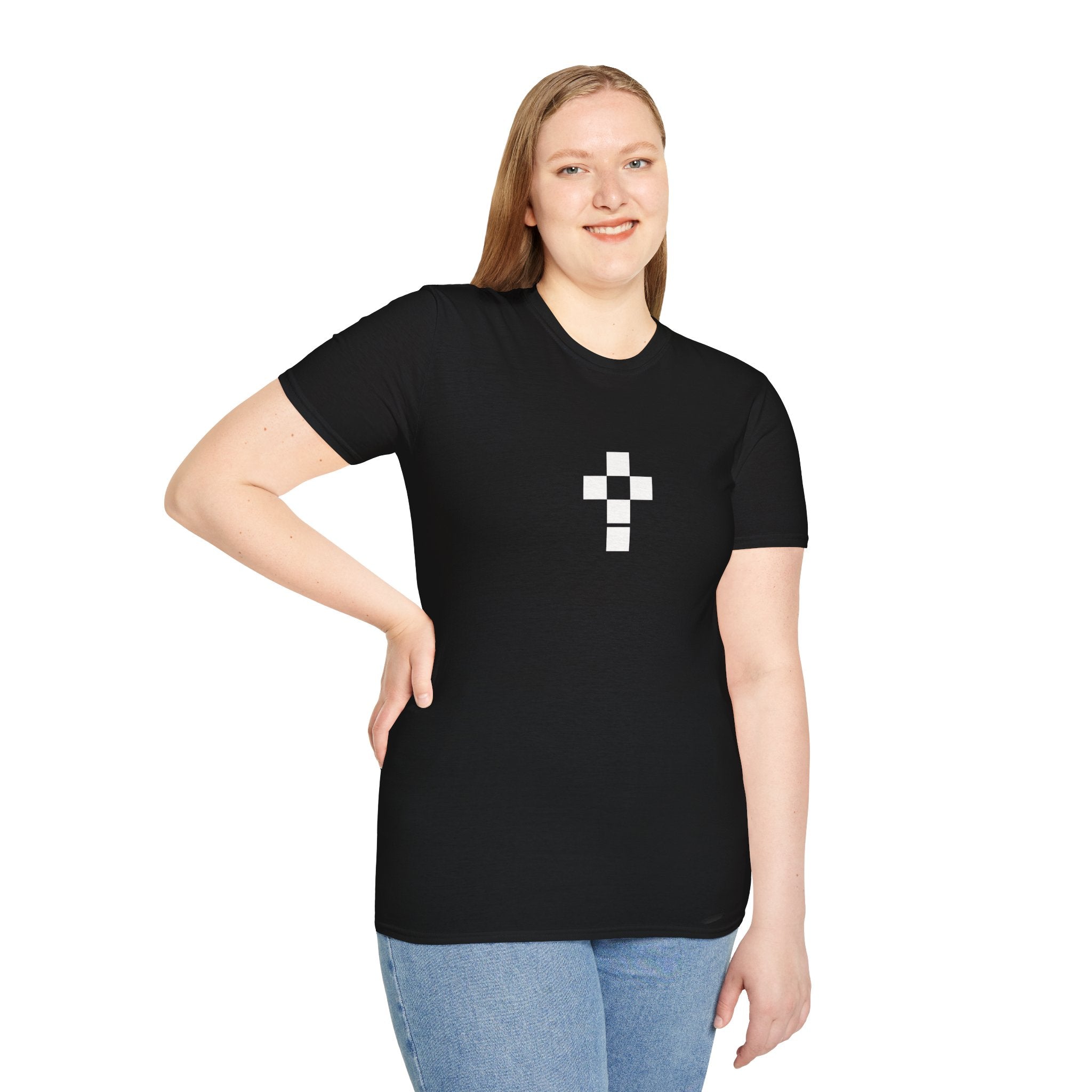 Romaneum Minimal Pixel Cross T-Shirt | Small Black Geometric Cross