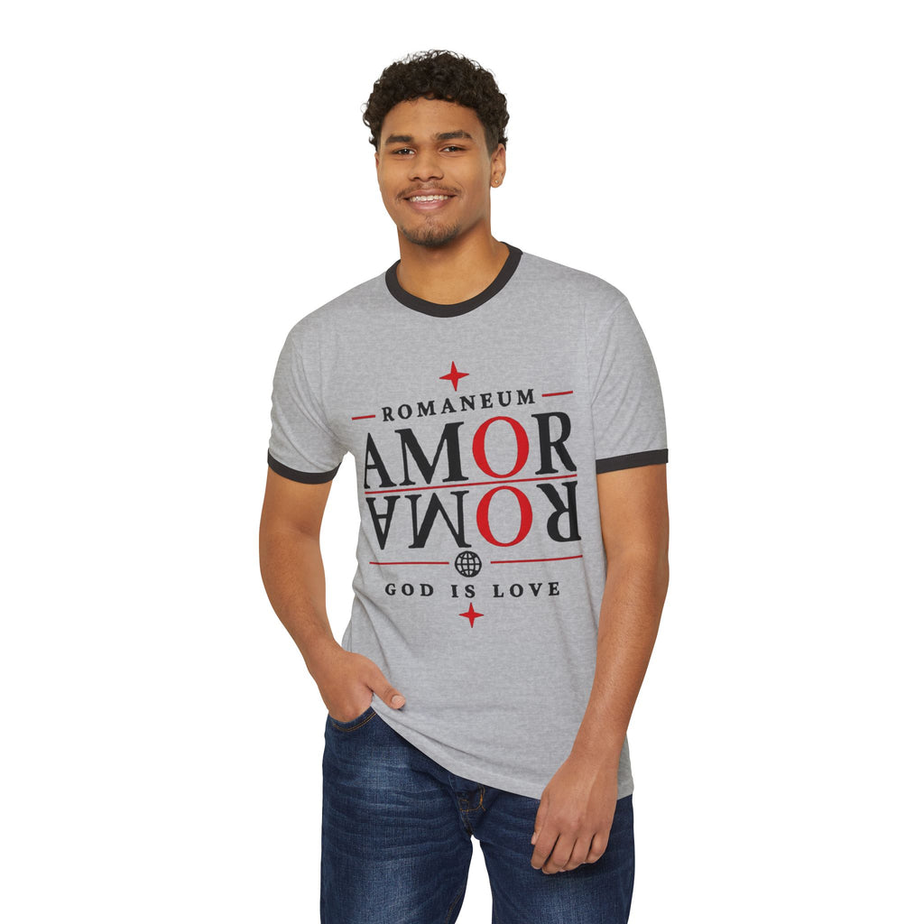 Romaneum "AMOR/ROMA" Ringer Tee — God Is Love Christian T‑Shirt
