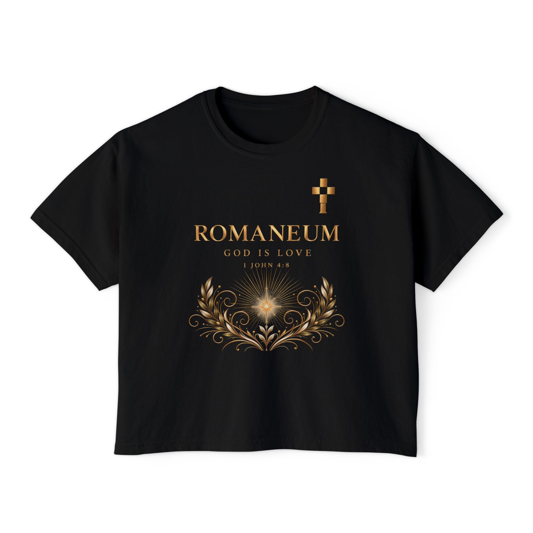 Romaneum Women's Boxy Tee — Gold Cross & Heart Spiritual Graphic