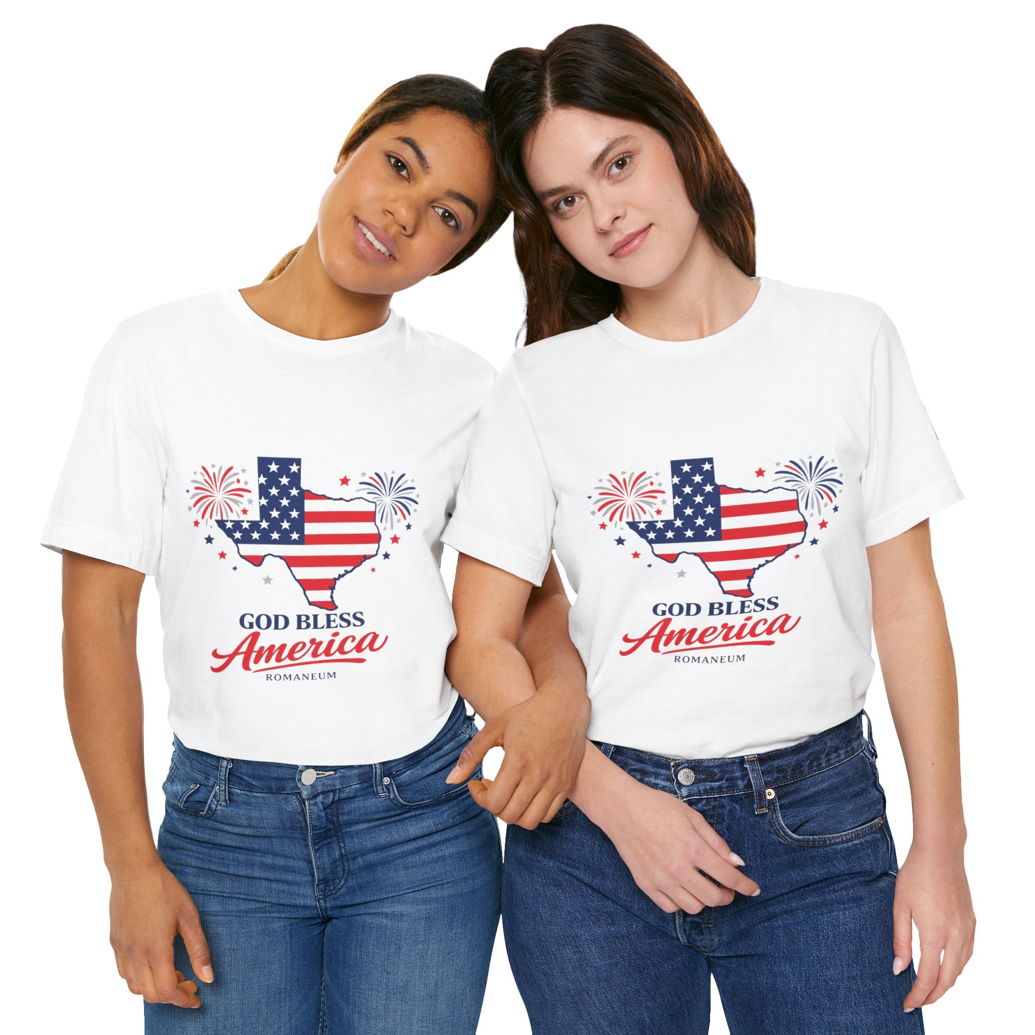 Romaneum God Bless America map tee | American flag outline, fireworks, patriotic shirt