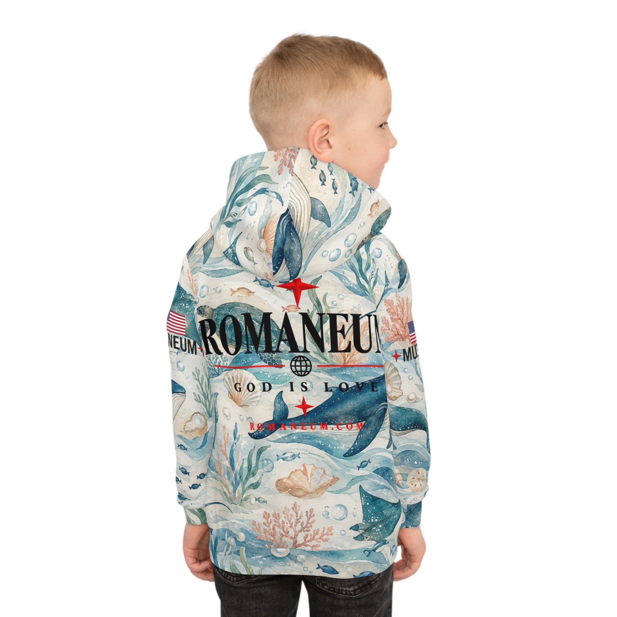 Children's All-Over-Print Hoodie — Whale & Ocean Watercolor "Amor Roma" Design (God Is Love)