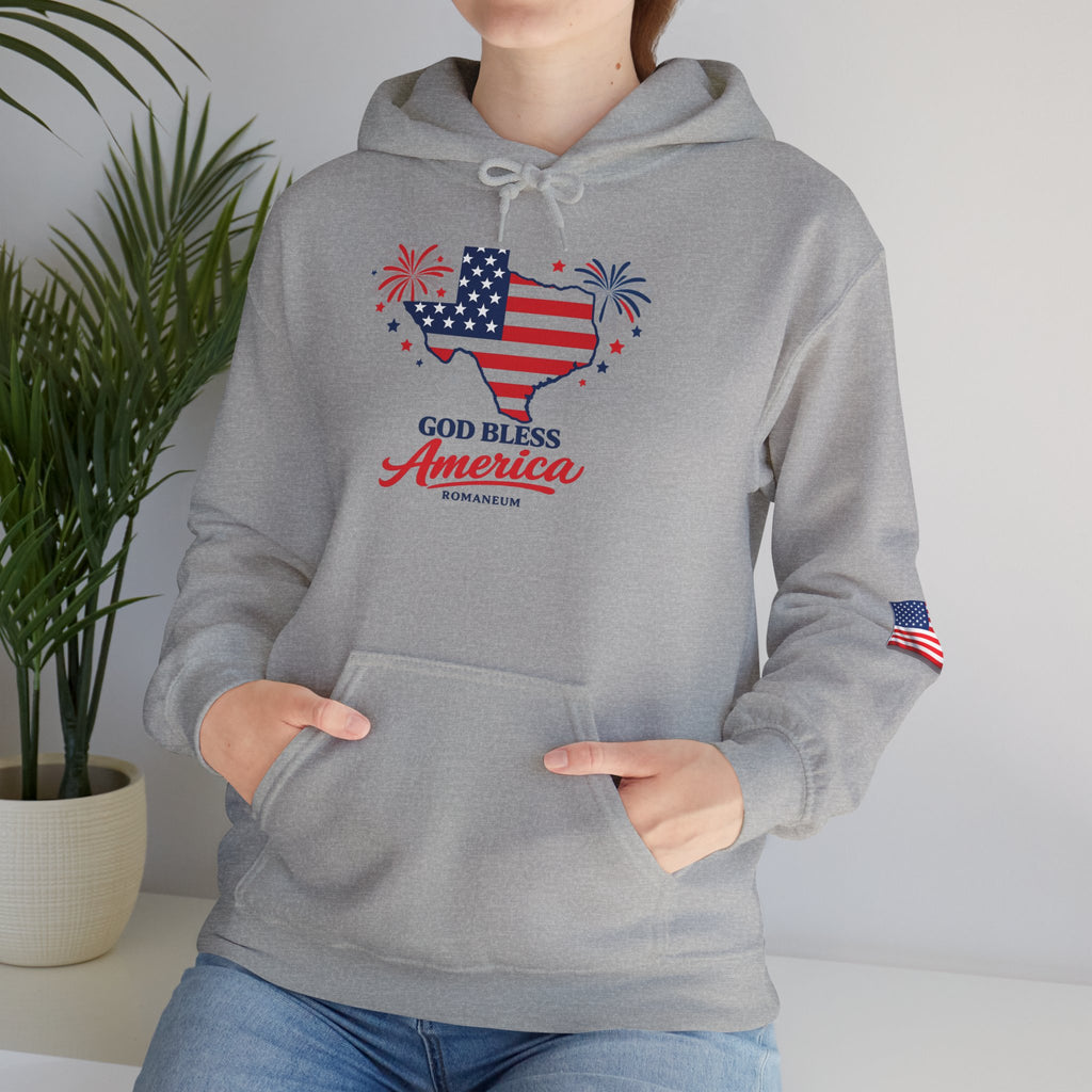 Romaneum God Bless America flag map Hoodie | American flag fireworks sleeve