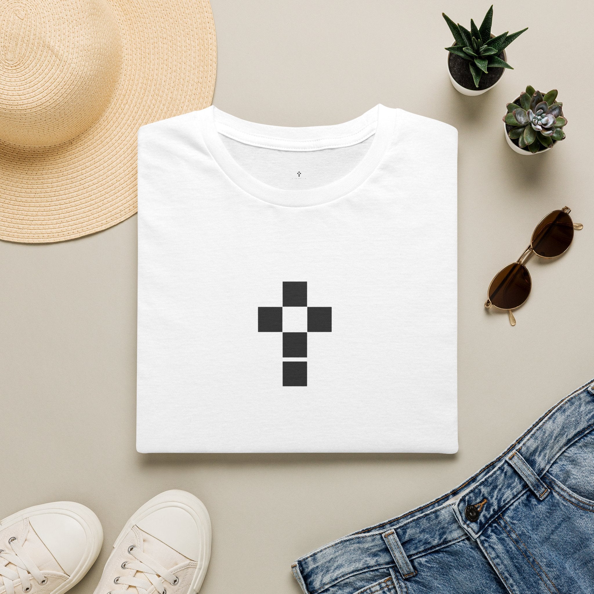 Romaneum Minimal Pixel Cross T-Shirt | Small Black Geometric Cross