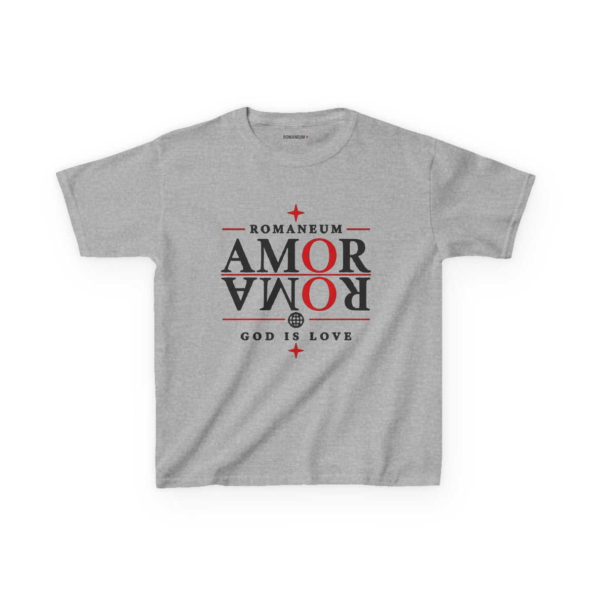 Kids Tee — "Amor Roma / God is Love" Religious Graphic Shirt