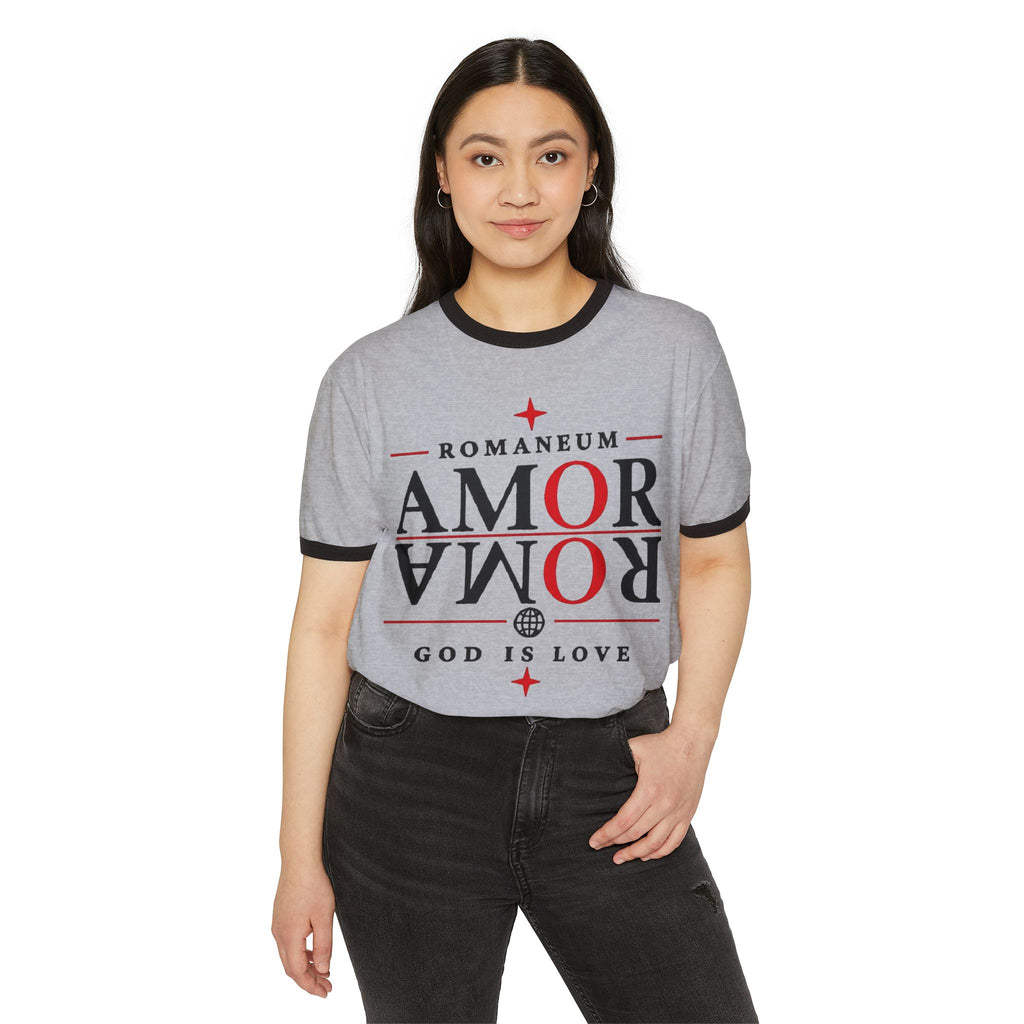 Romaneum "AMOR/ROMA" Ringer Tee — God Is Love Christian T‑Shirt