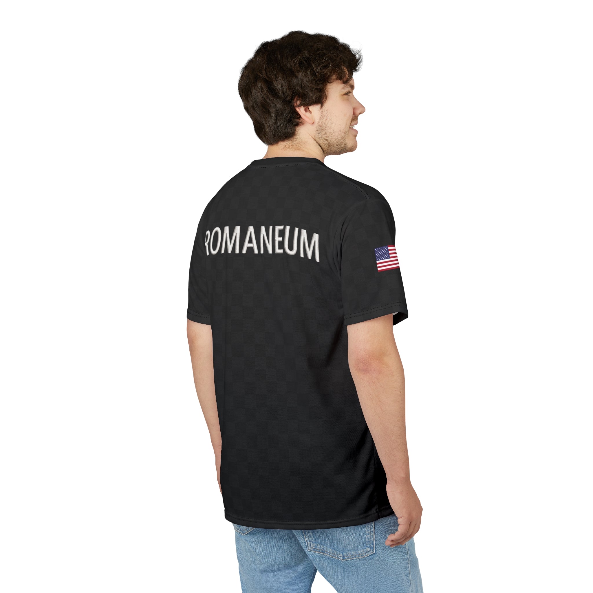 Black Checkered 'ROMANEUM' Logo Tee — All-Over Print Cut & Sew Shirt