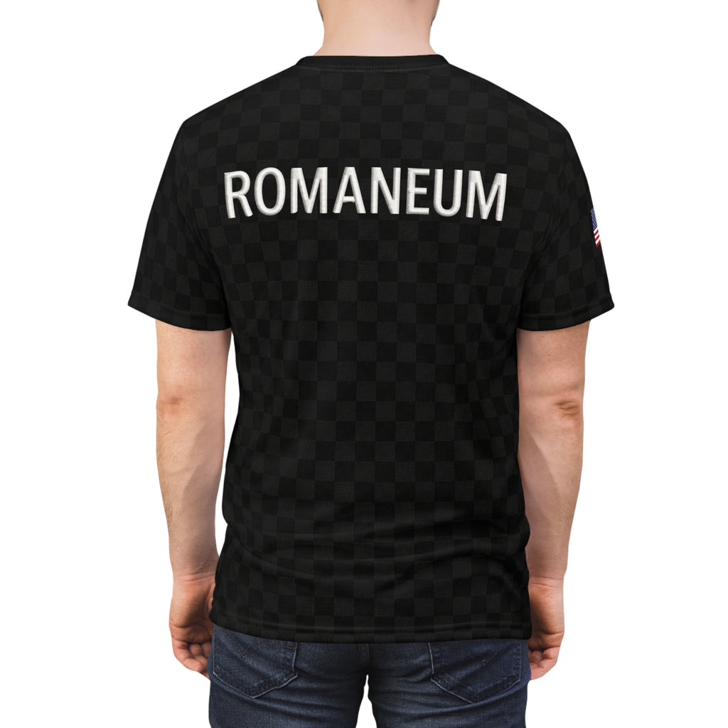 Black Checkered 'ROMANEUM' Logo Tee — All-Over Print Cut & Sew Shirt