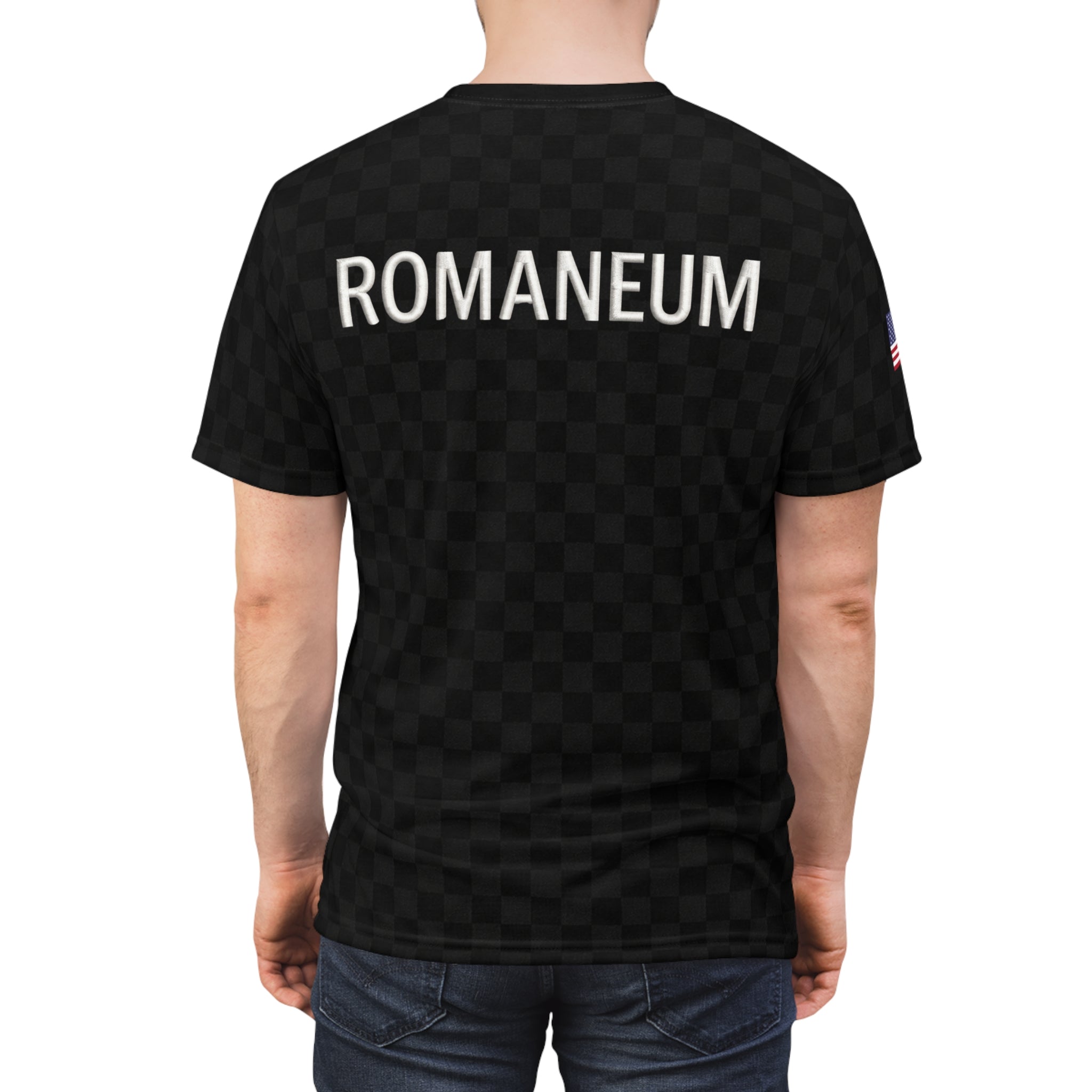 Black Checkered 'ROMANEUM' Logo Tee — All-Over Print Cut & Sew Shirt