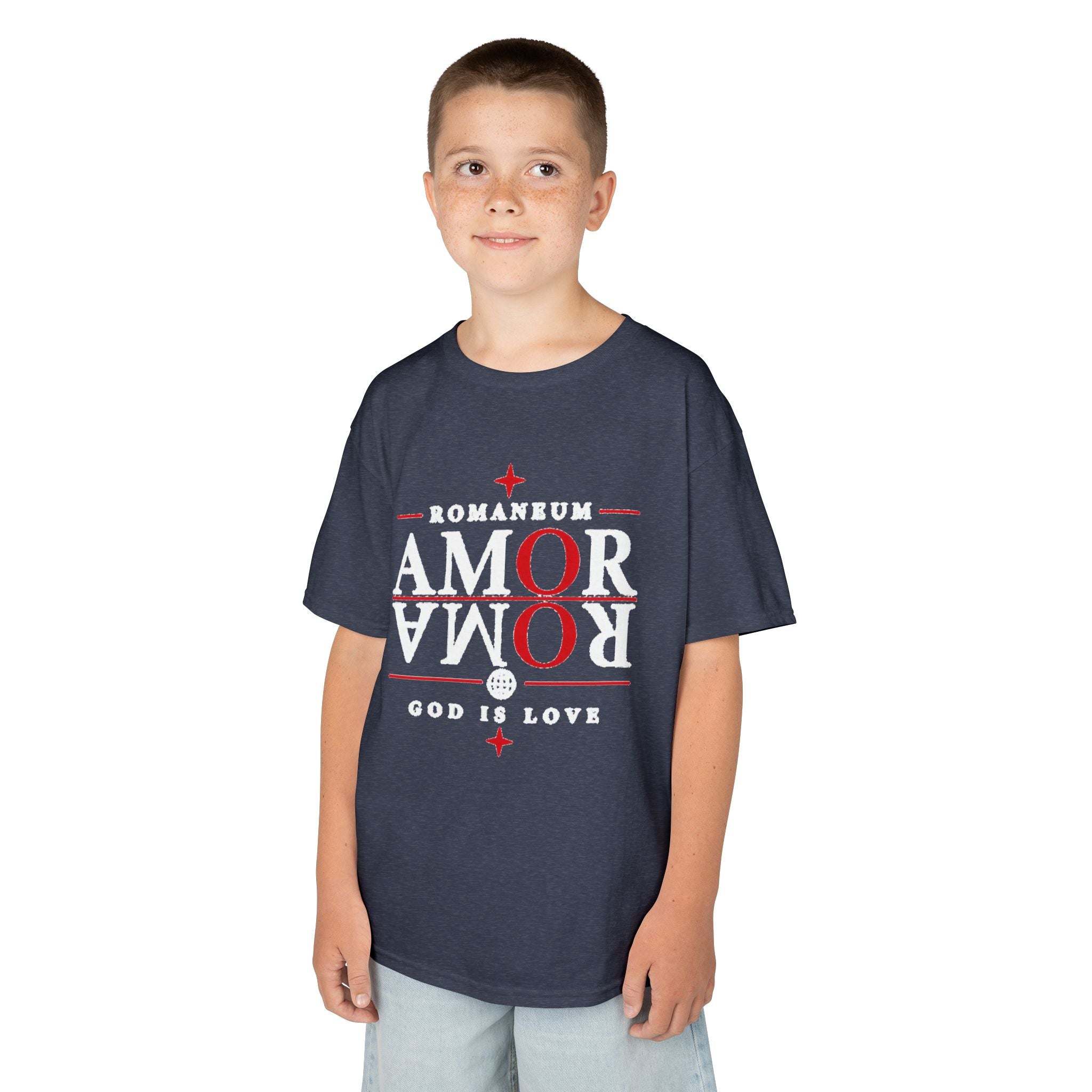 Kids Tee — "Amor Roma / God is Love" Religious Graphic Shirt