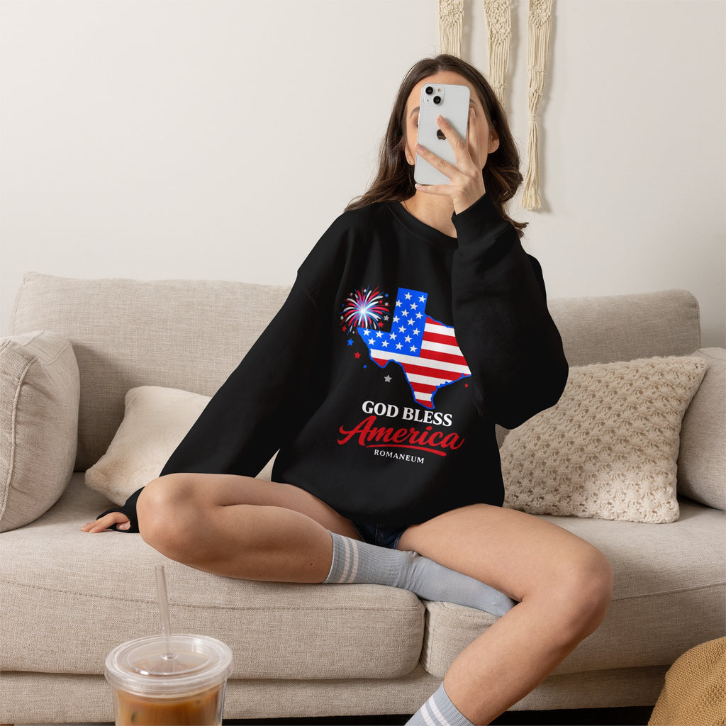 Romaneum God Bless America Flag Heart sweatshirt | Patriotic 4th of July crewneck