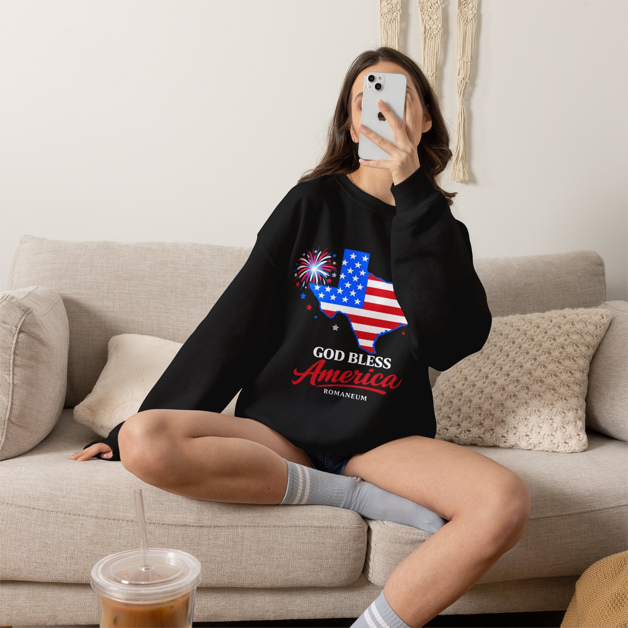 Romaneum God Bless America Flag Heart sweatshirt | Patriotic 4th of July crewneck